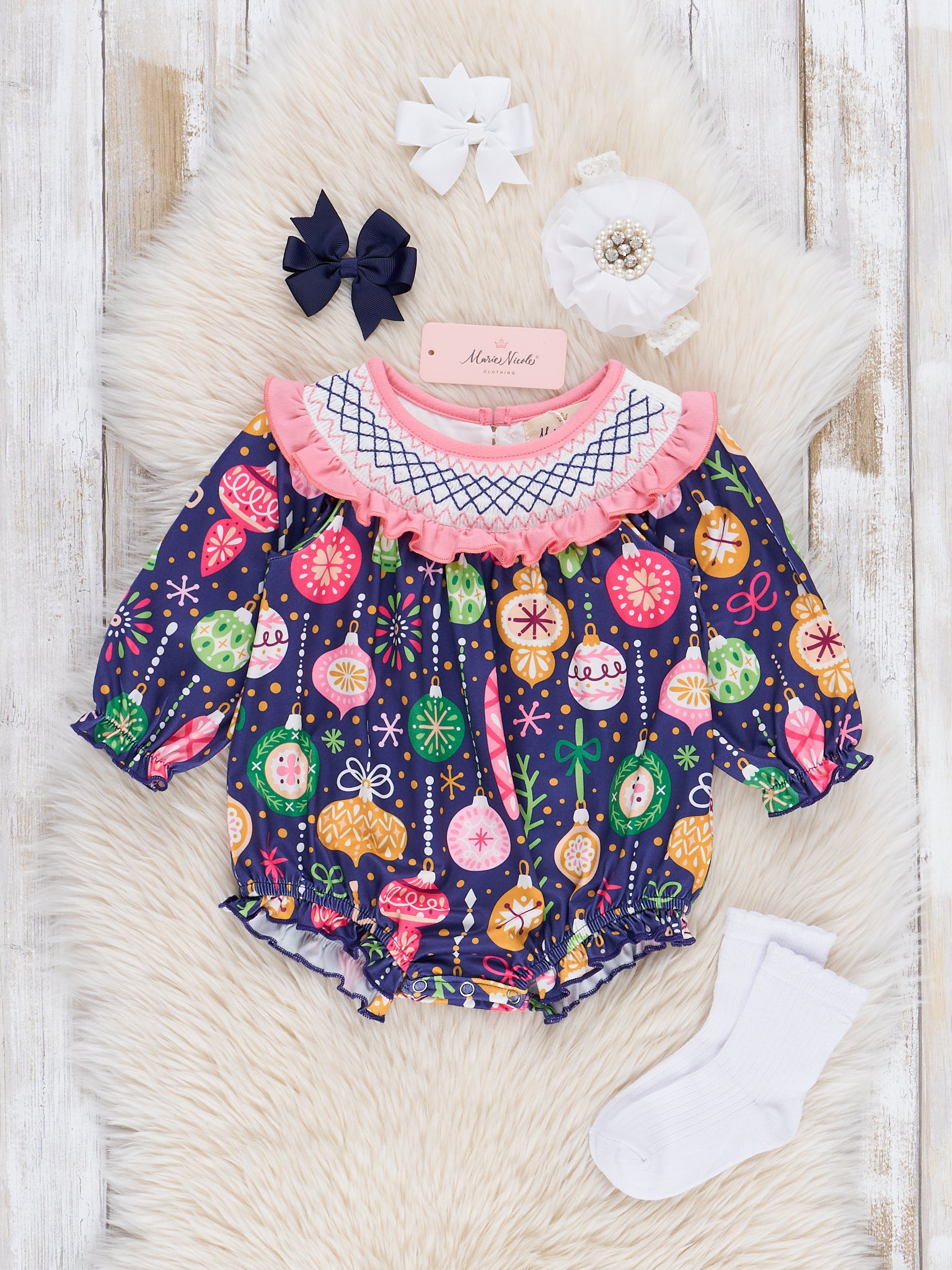 Pink & Blue Ornaments Smocked Romper - Marie Nicole Clothing