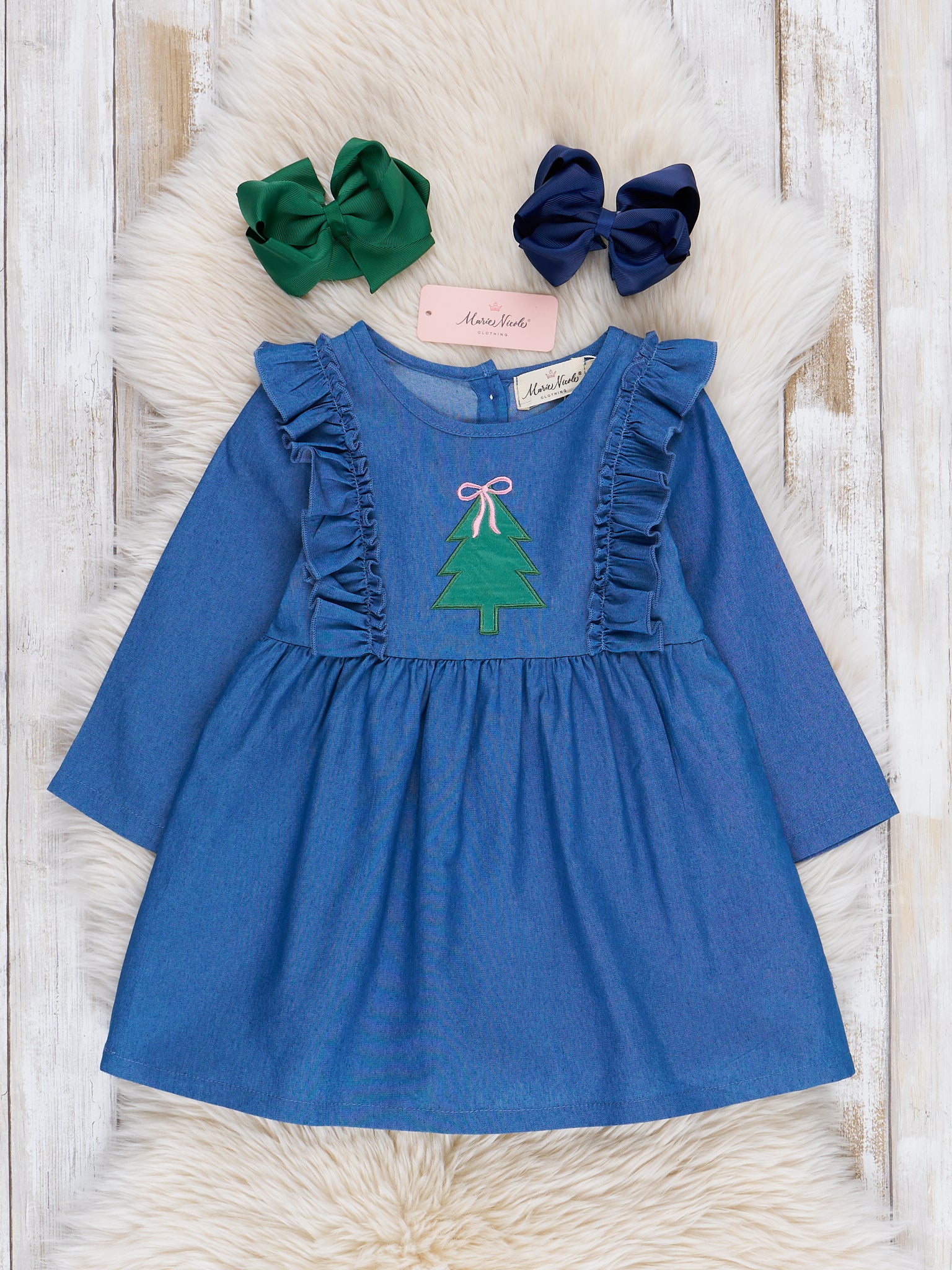 Chambray Embroidered Christmas Tree Ruffle Dress - Marie Nicole Clothing