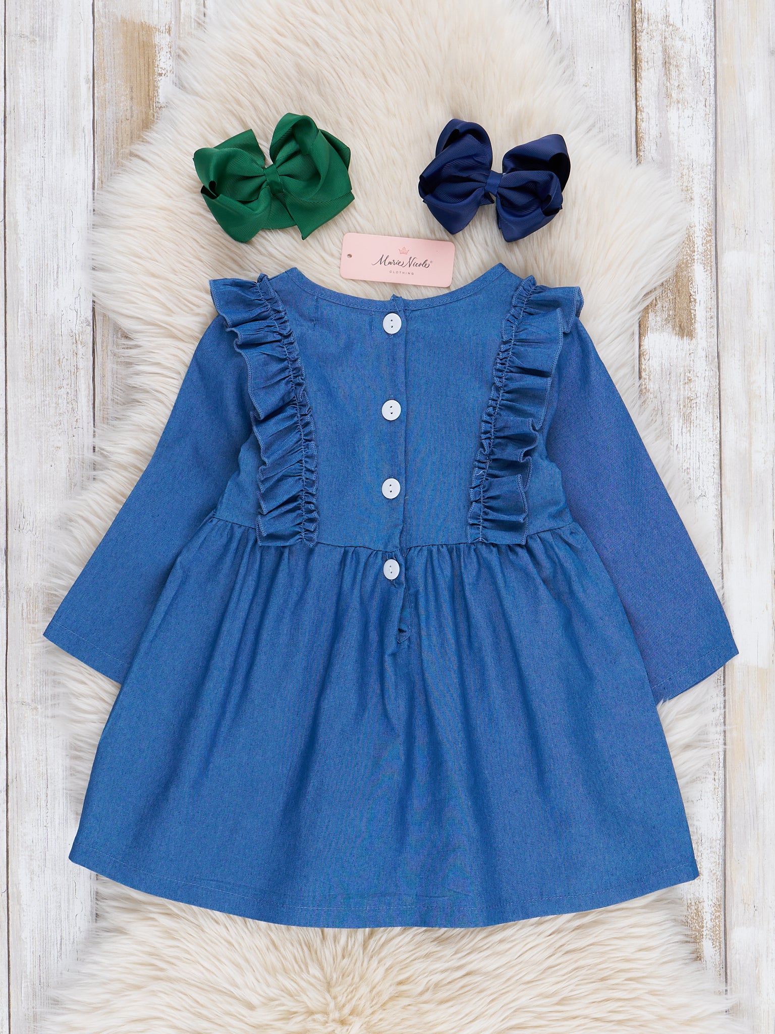 Chambray Embroidered Christmas Tree Ruffle Dress - Marie Nicole Clothing