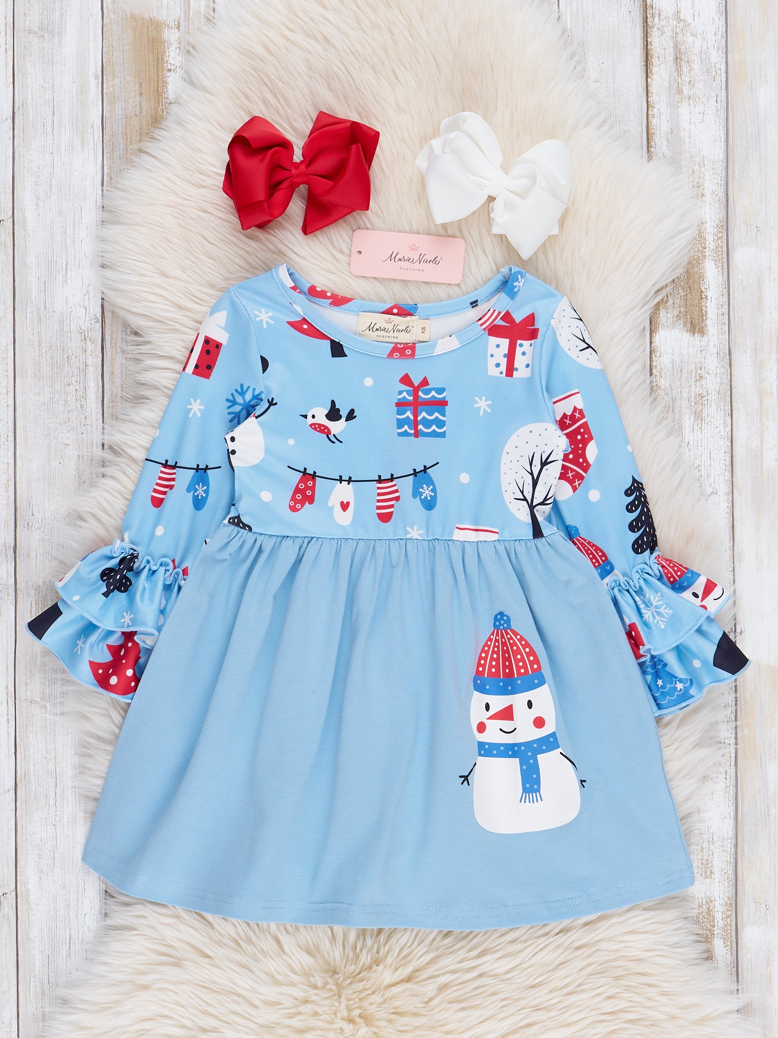 Light Blue Mr Snowman Bell Sleeve Dress - Marie Nicole Clothing