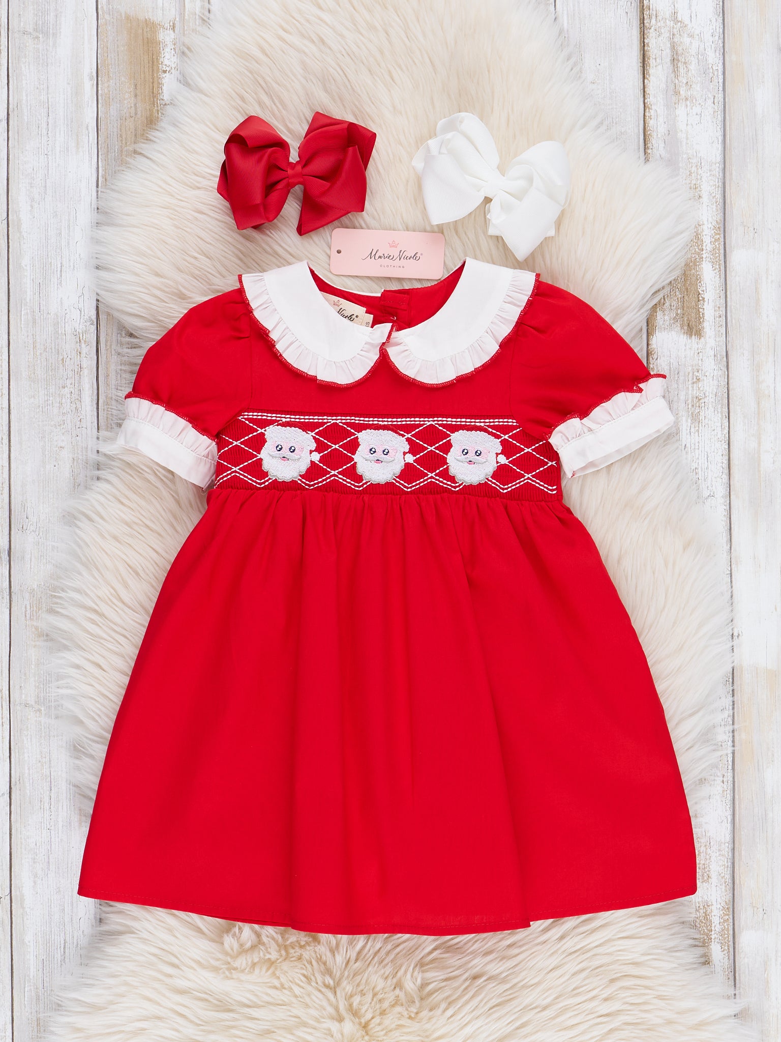 Red Smocked Santa Lace Trim Dress - Marie Nicole Clothing