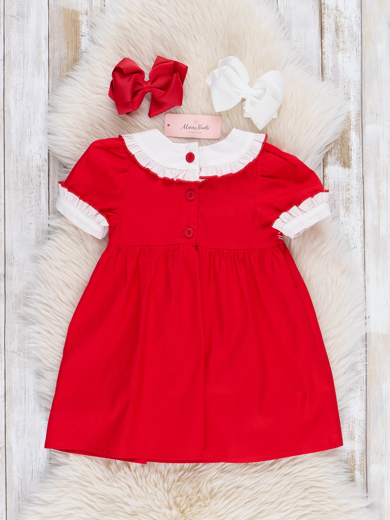 Red Smocked Santa Lace Trim Dress - Marie Nicole Clothing