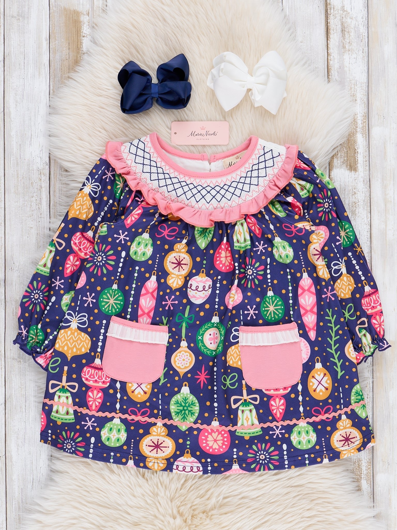 Pink & Blue Ornaments Smocked Dress - Marie Nicole Clothing