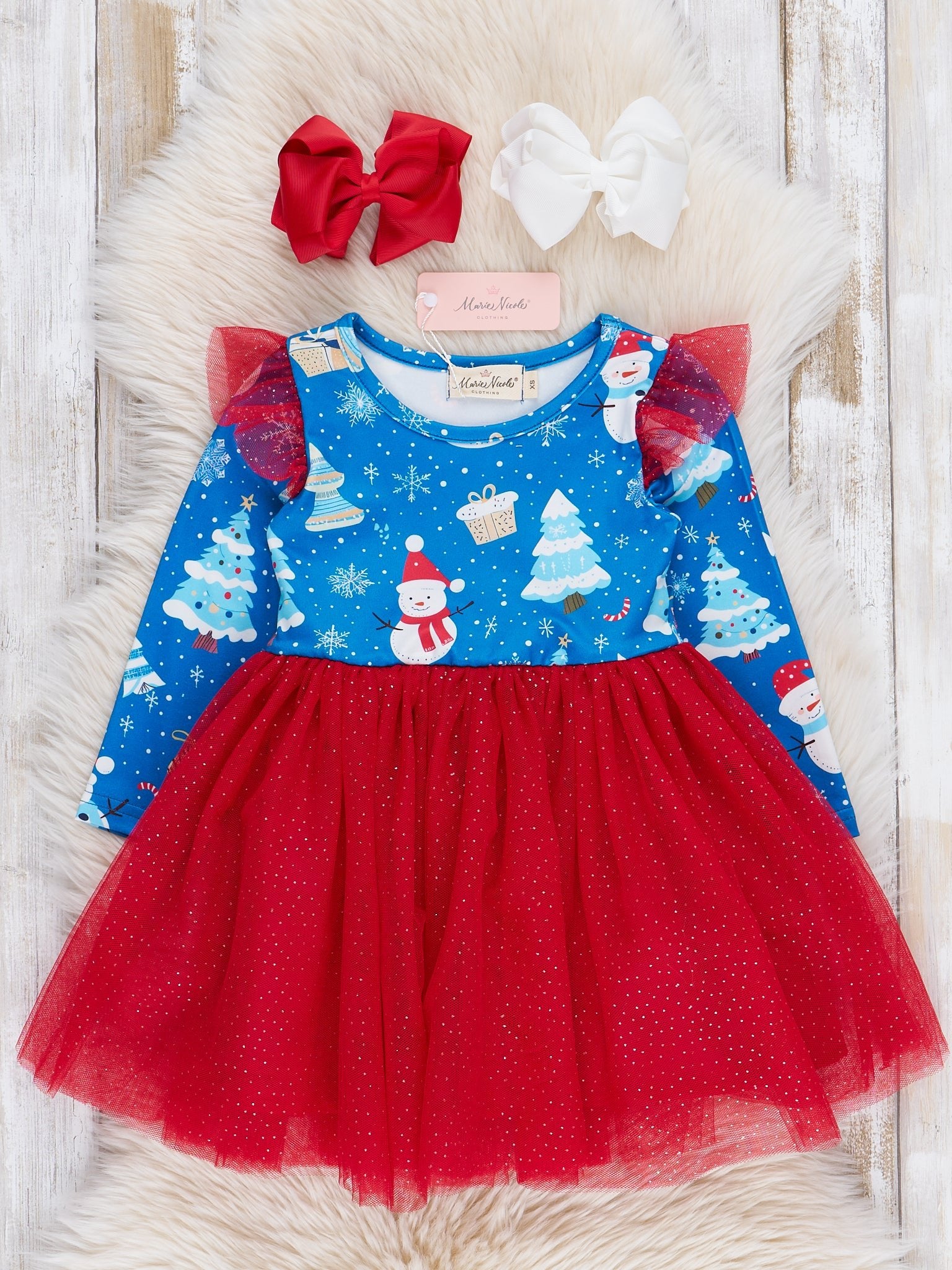 Blue & Red Snowy Christmas Tulle Dress - Marie Nicole Clothing