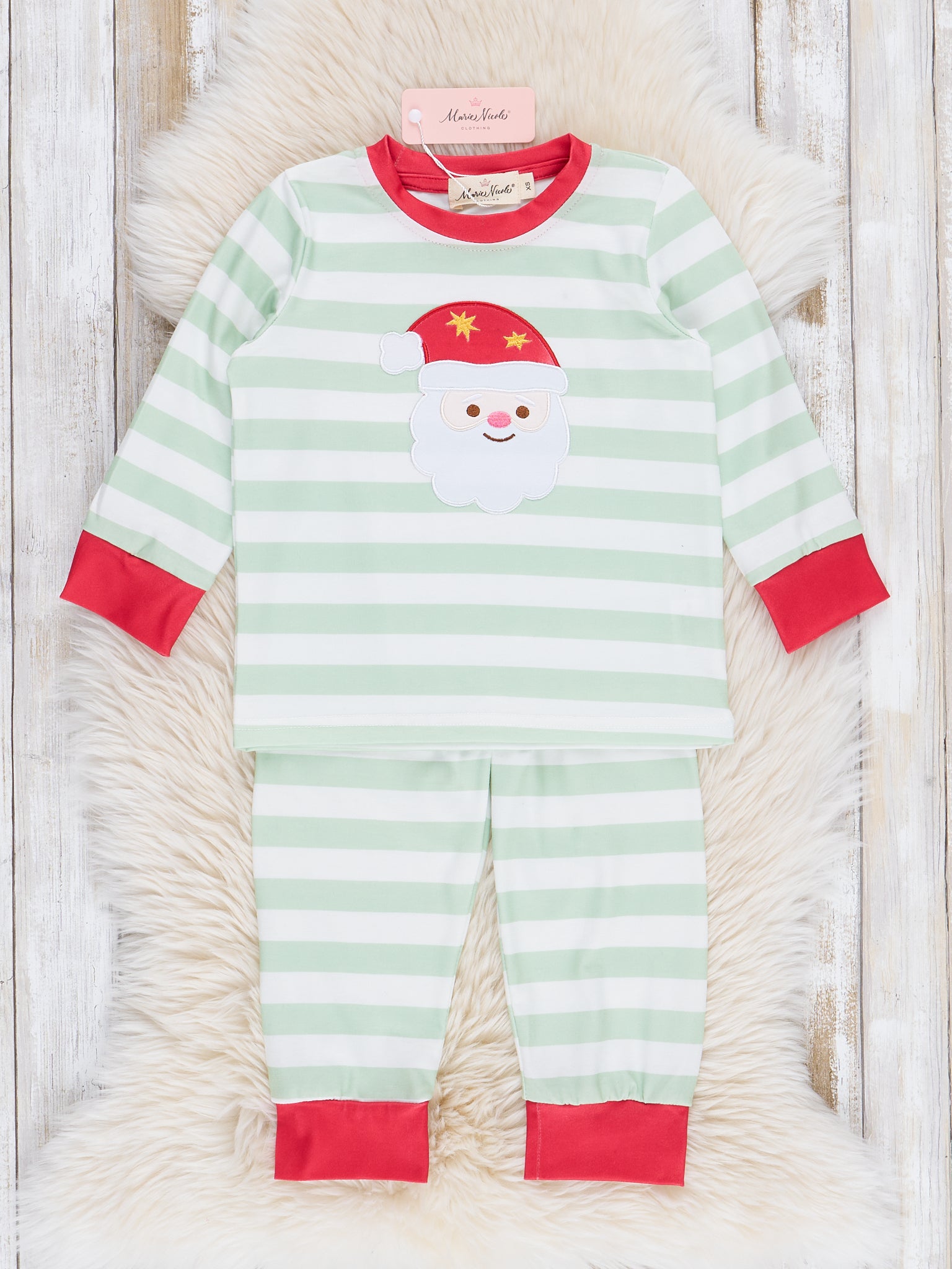 Green Stripes Embroidered Santa Pajamas - Marie Nicole Clothing