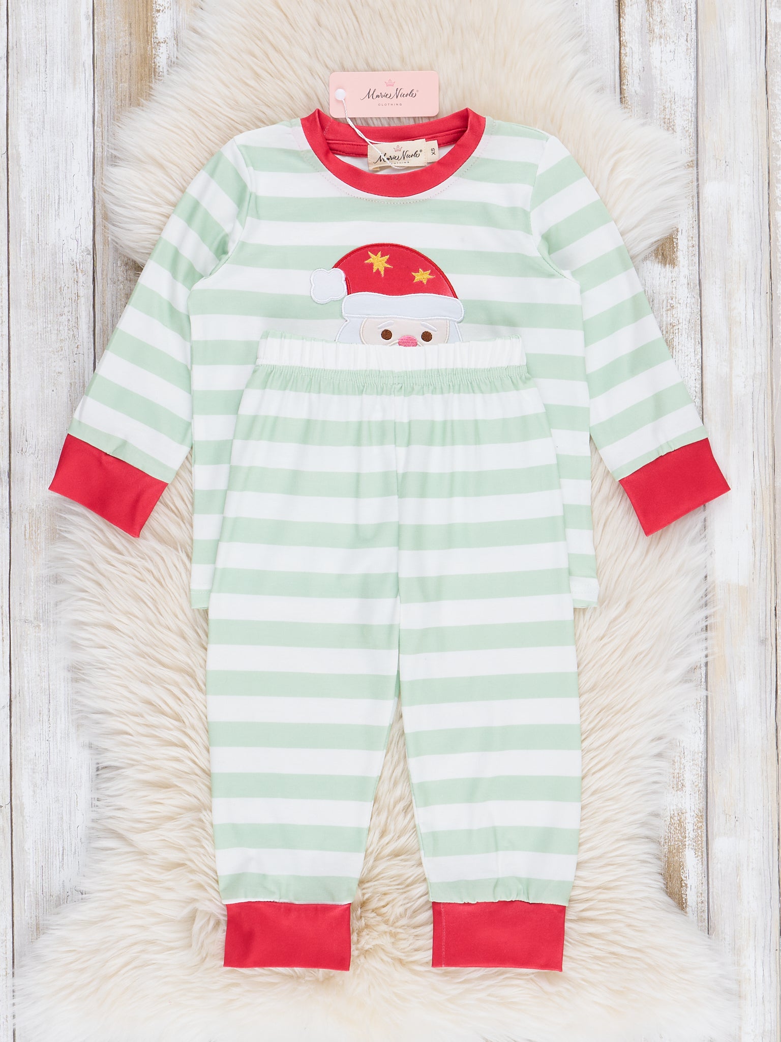 Green Stripes Embroidered Santa Pajamas - Marie Nicole Clothing