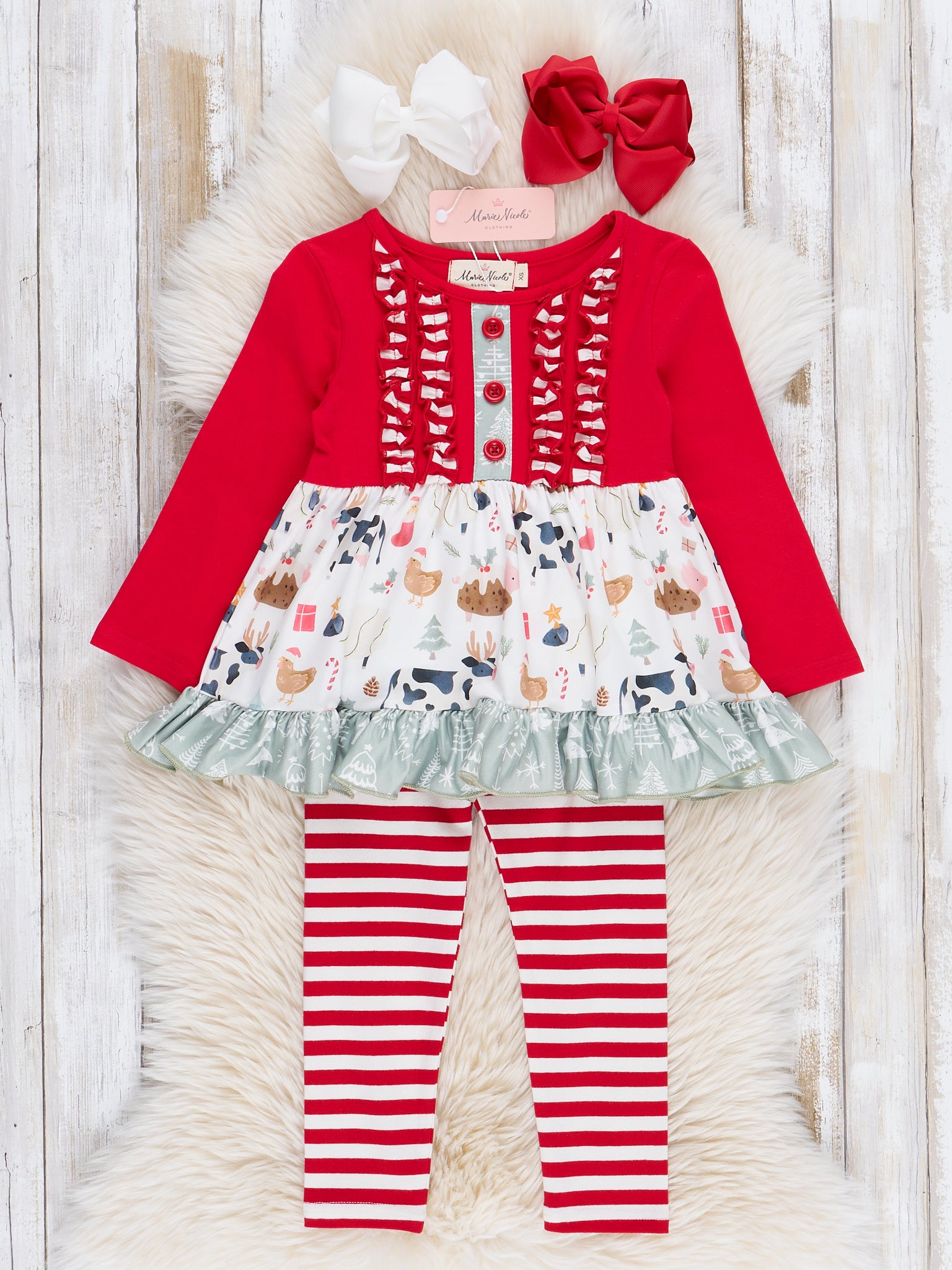 Red & White Christmas Farm Ruffle Outfit - Marie Nicole Clothing