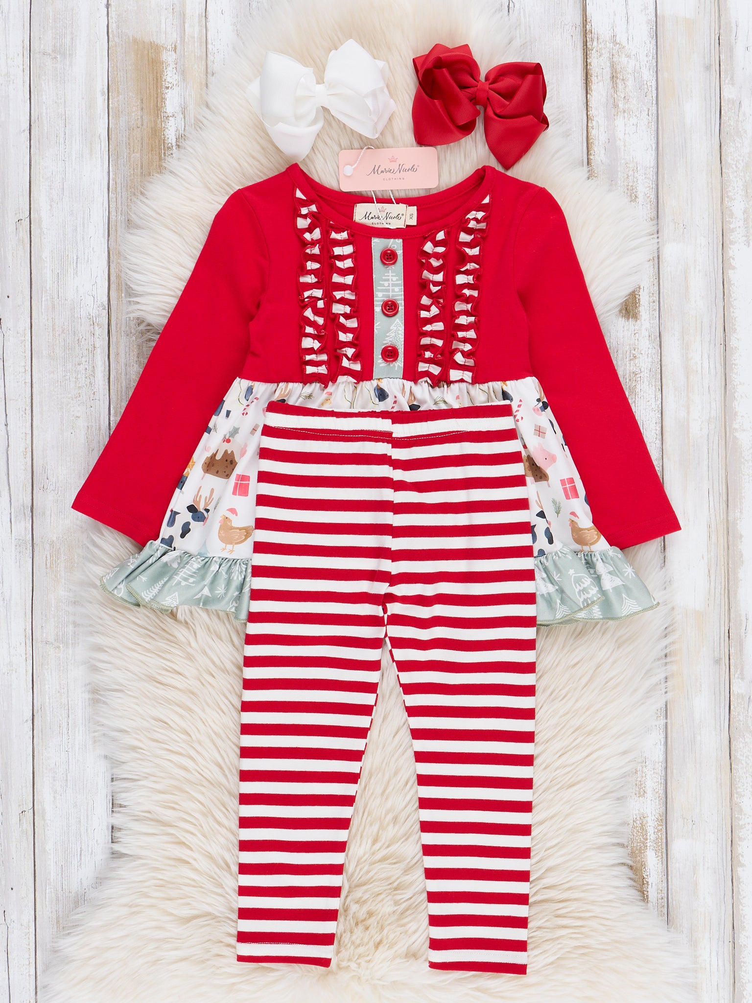 Red & White Christmas Farm Ruffle Outfit - Marie Nicole Clothing
