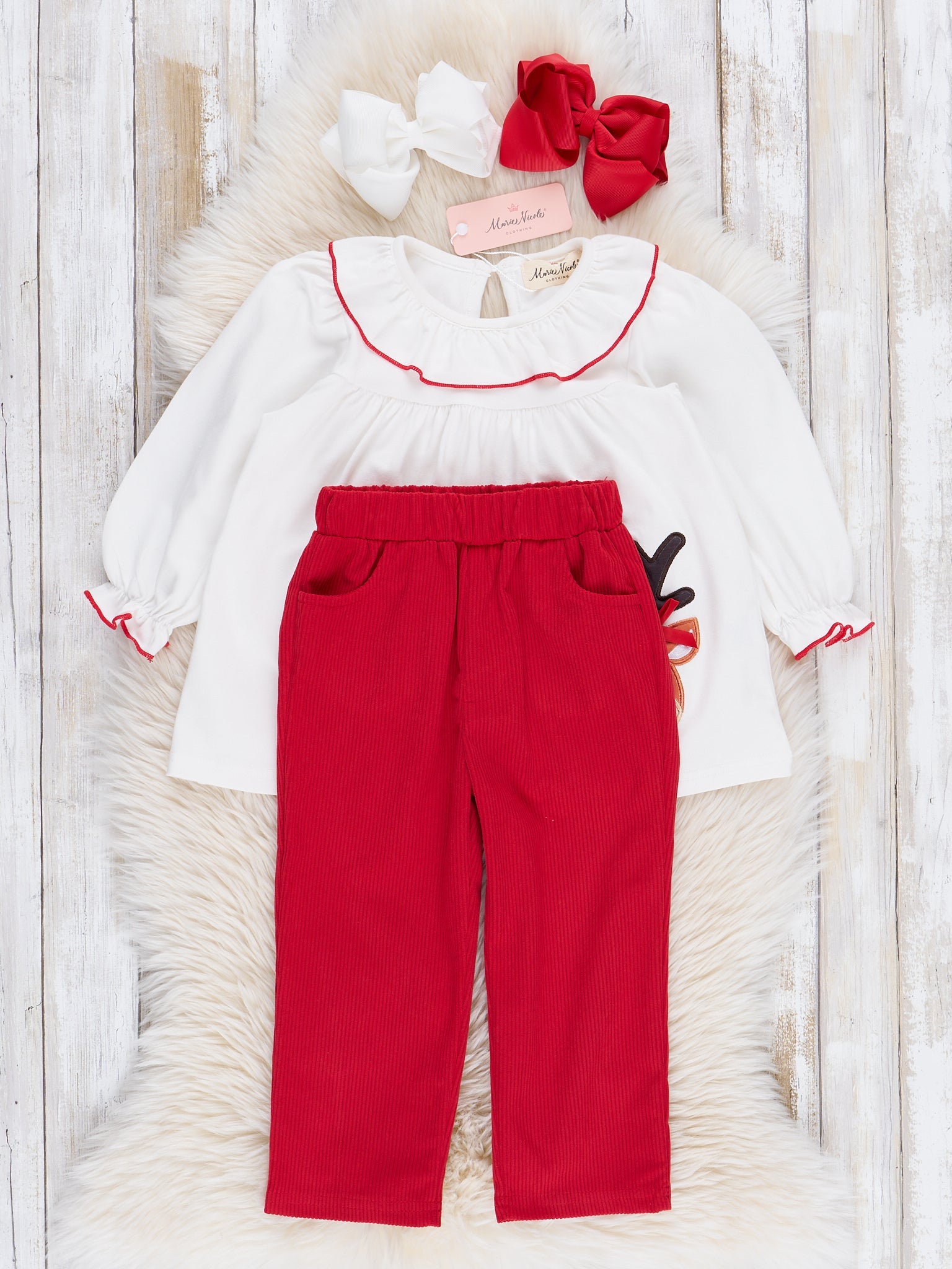 Red Embroidered Reindeer Corduroy Outfit - Marie Nicole Clothing