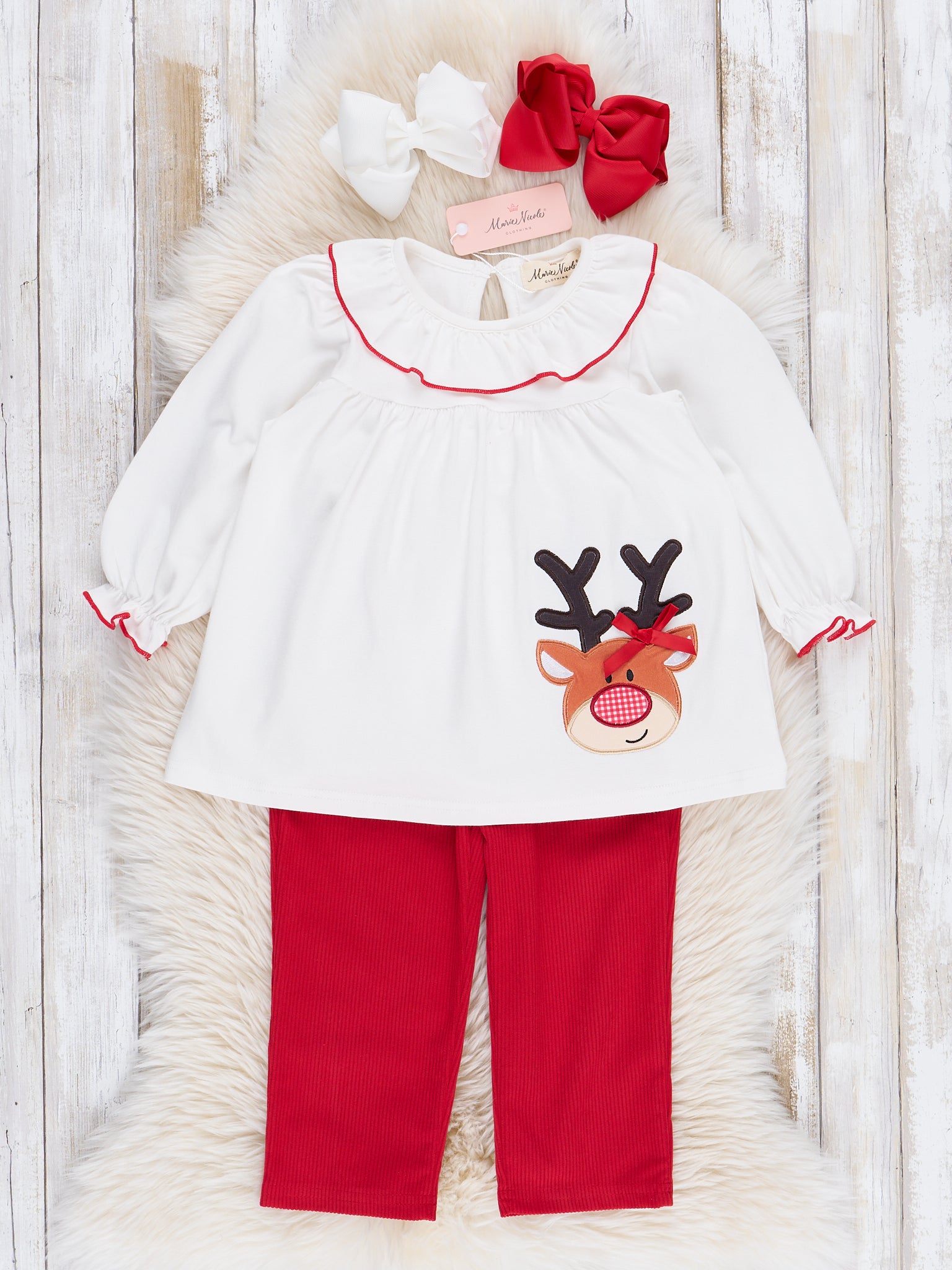 Red Embroidered Reindeer Corduroy Outfit - Marie Nicole Clothing