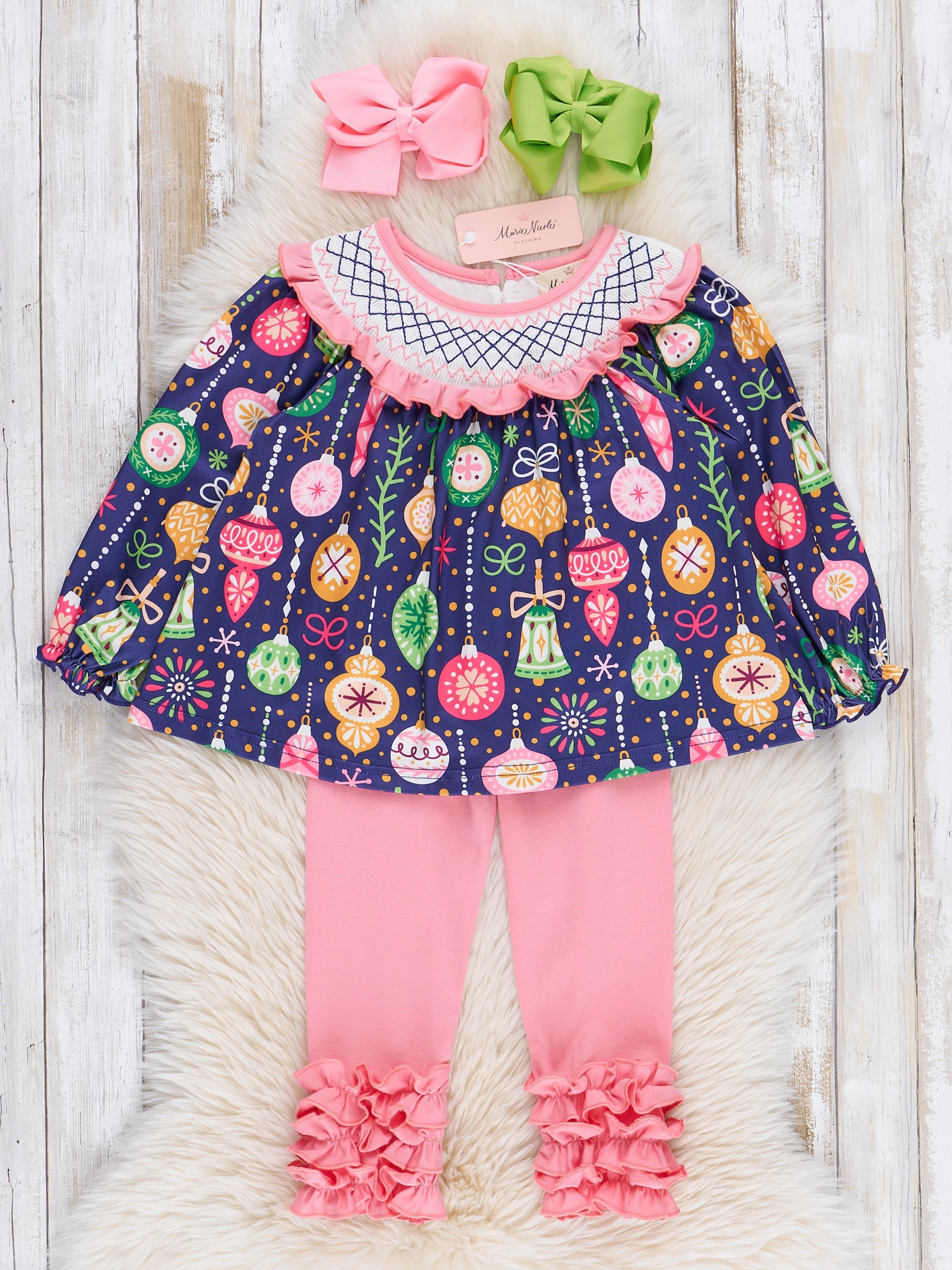 Pink & Blue Ornaments Smocked Outfit - Marie Nicole Clothing