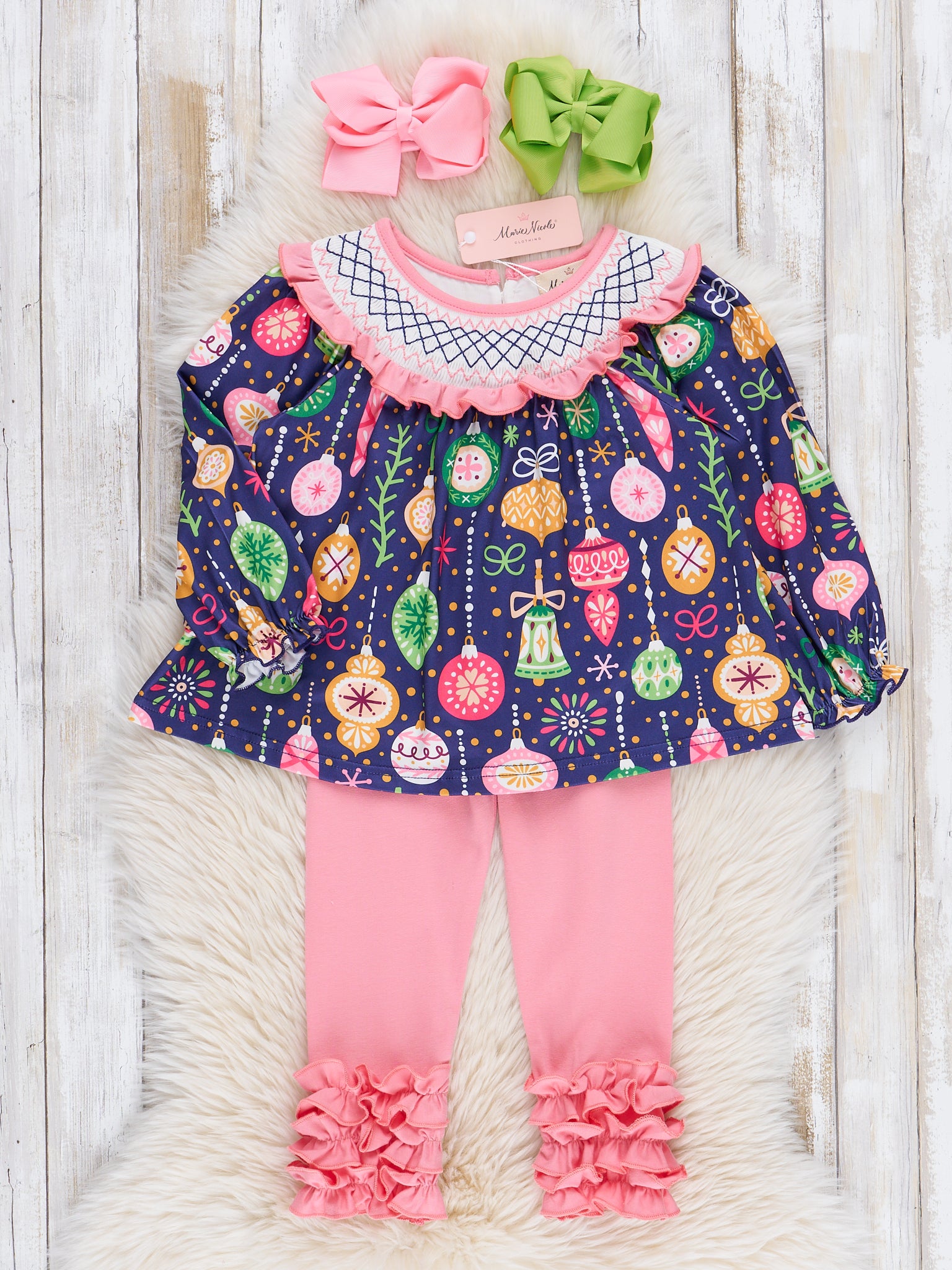 Pink & Blue Ornaments Smocked Outfit - Marie Nicole Clothing