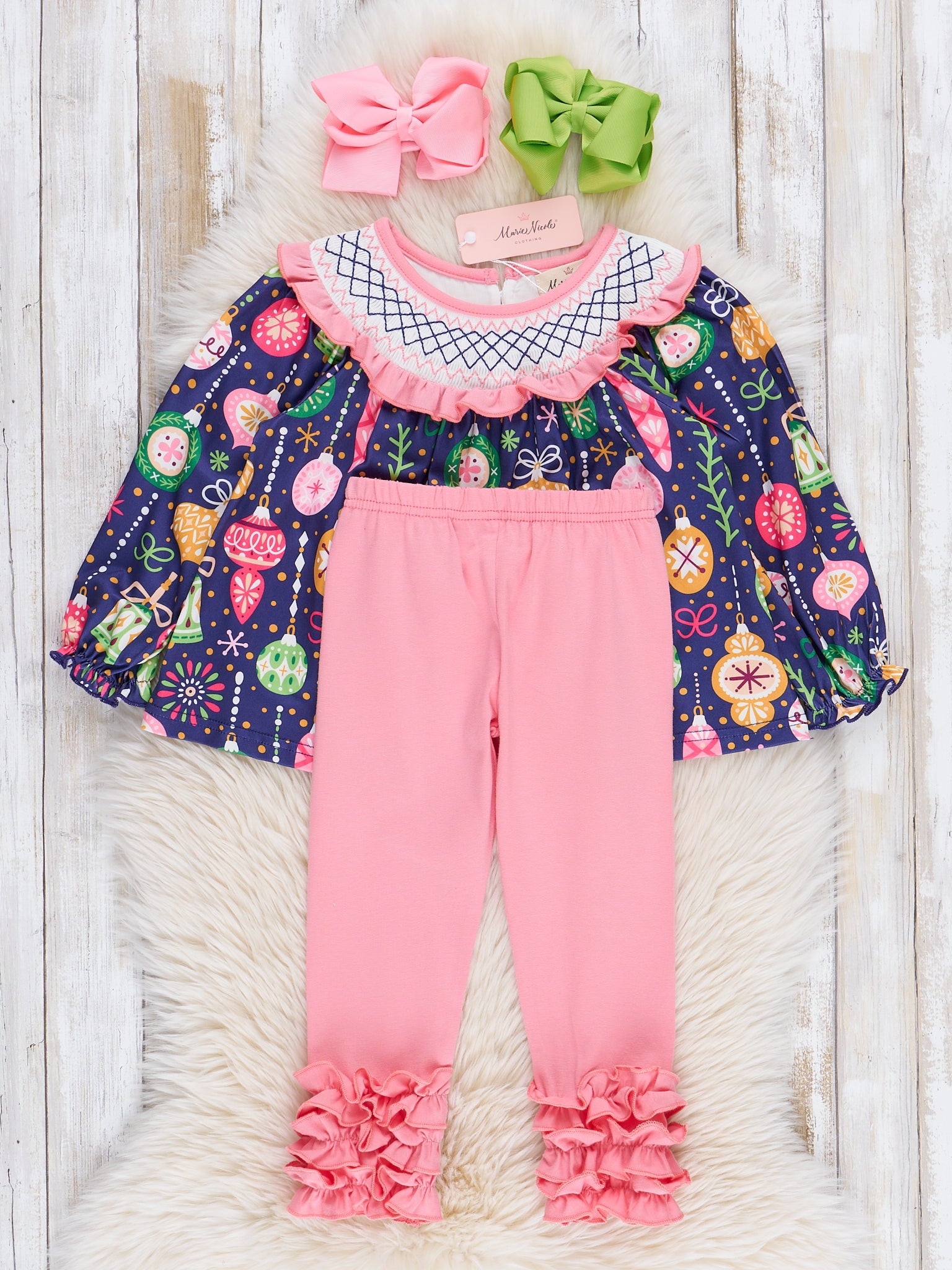 Pink & Blue Ornaments Smocked Outfit - Marie Nicole Clothing
