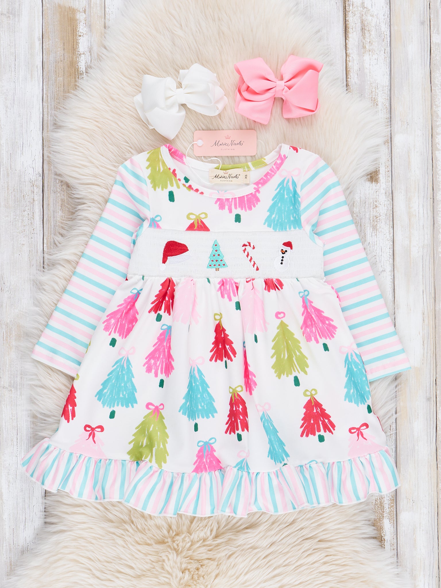 Smocked Christmas Tree Doodles Ruffle Dress - Marie Nicole Clothing
