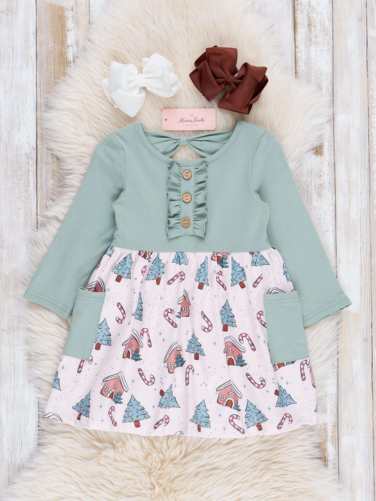 Mint Christmas Village Ruffle Dress - Marie Nicole Clothing