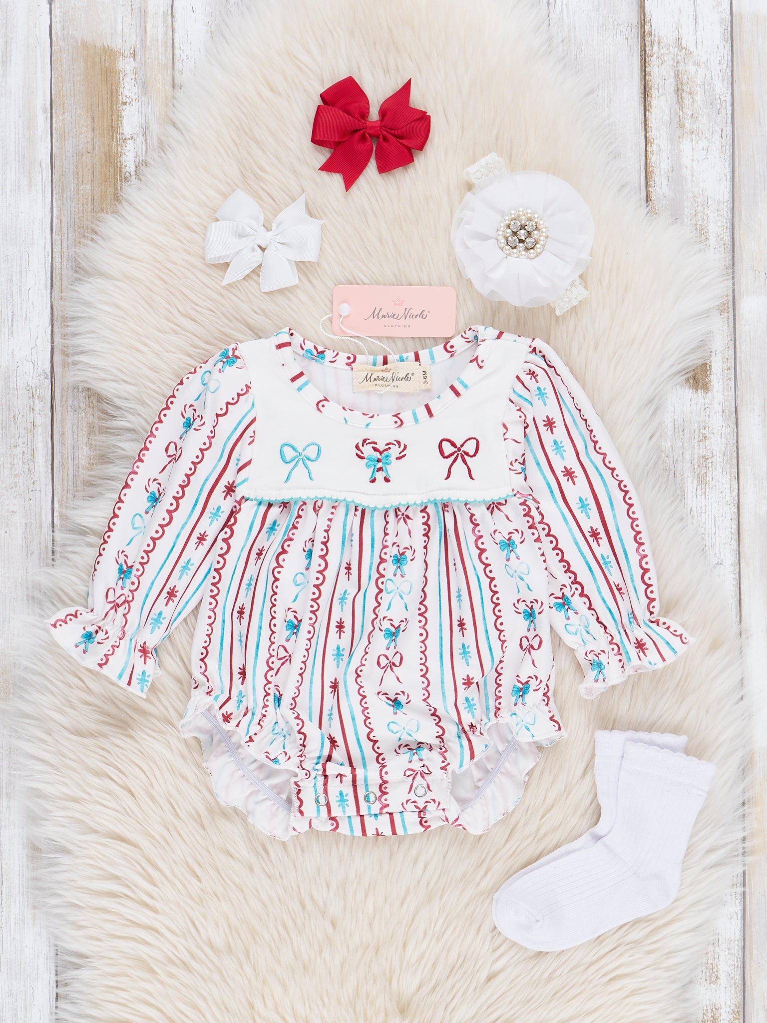 Red & Blue Peppermint Bows Ruffle Bubble Romper - Marie Nicole Clothing