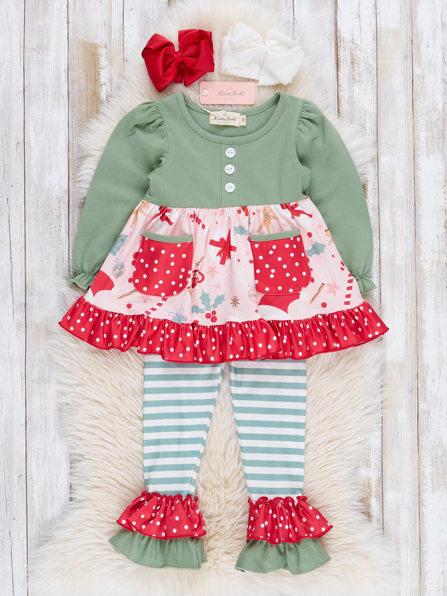 Olive Jolly Time Ruffle Pocket Outfit - Marie Nicole Clothing