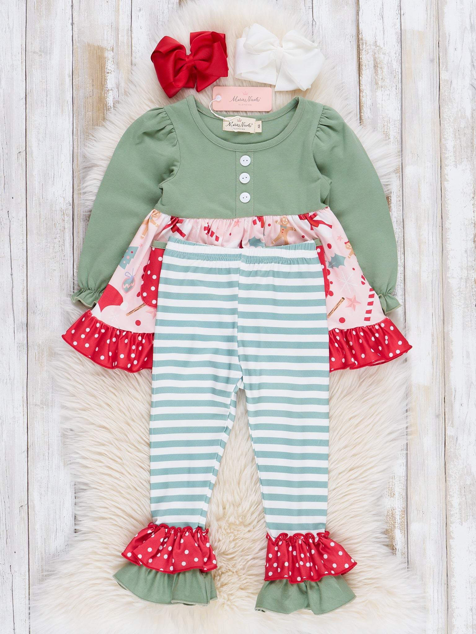 Olive Jolly Time Ruffle Pocket Outfit - Marie Nicole Clothing