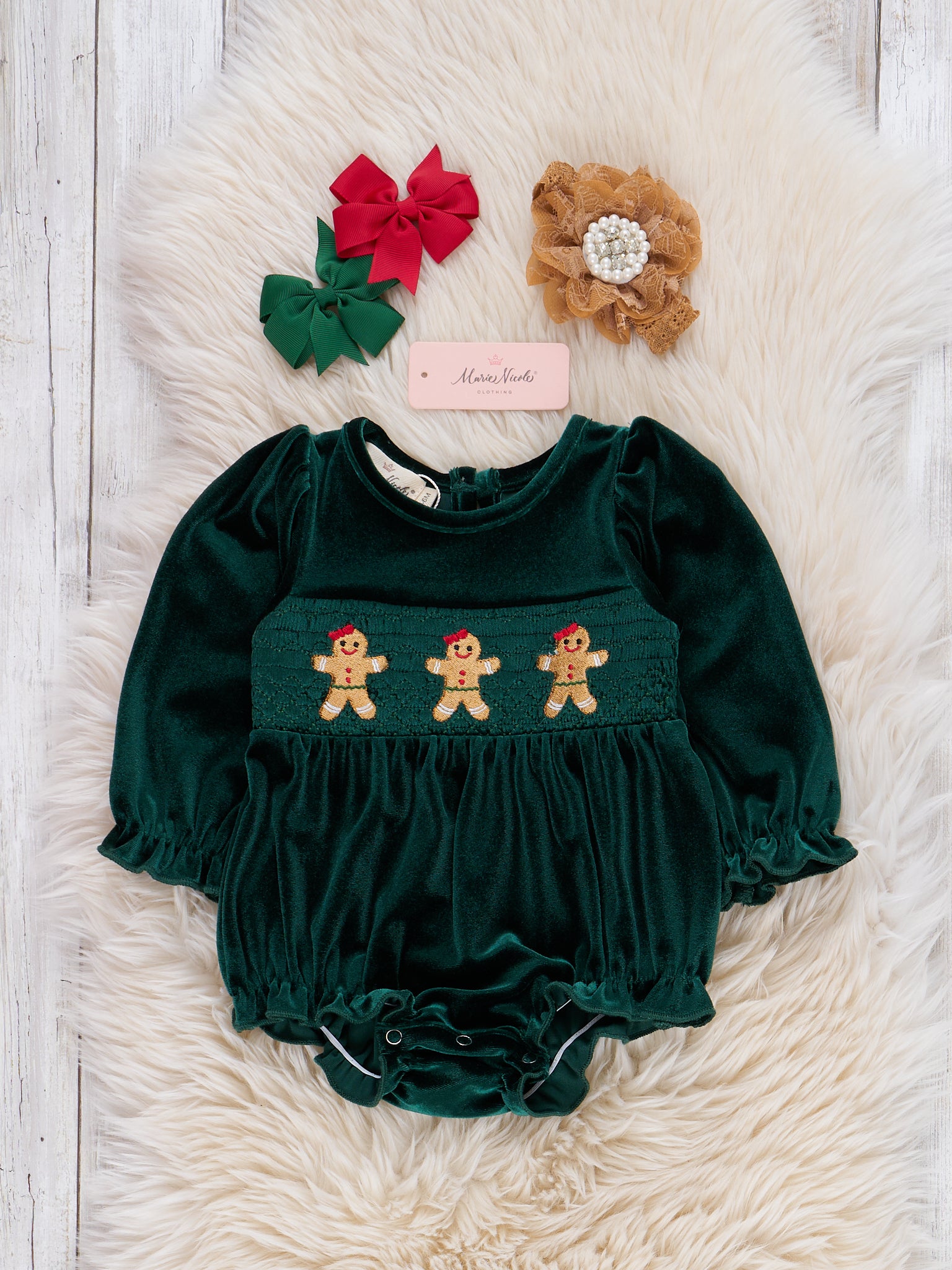 Deep Emerald Smocked Gingerbread Velvet Romper - Marie Nicole Clothing