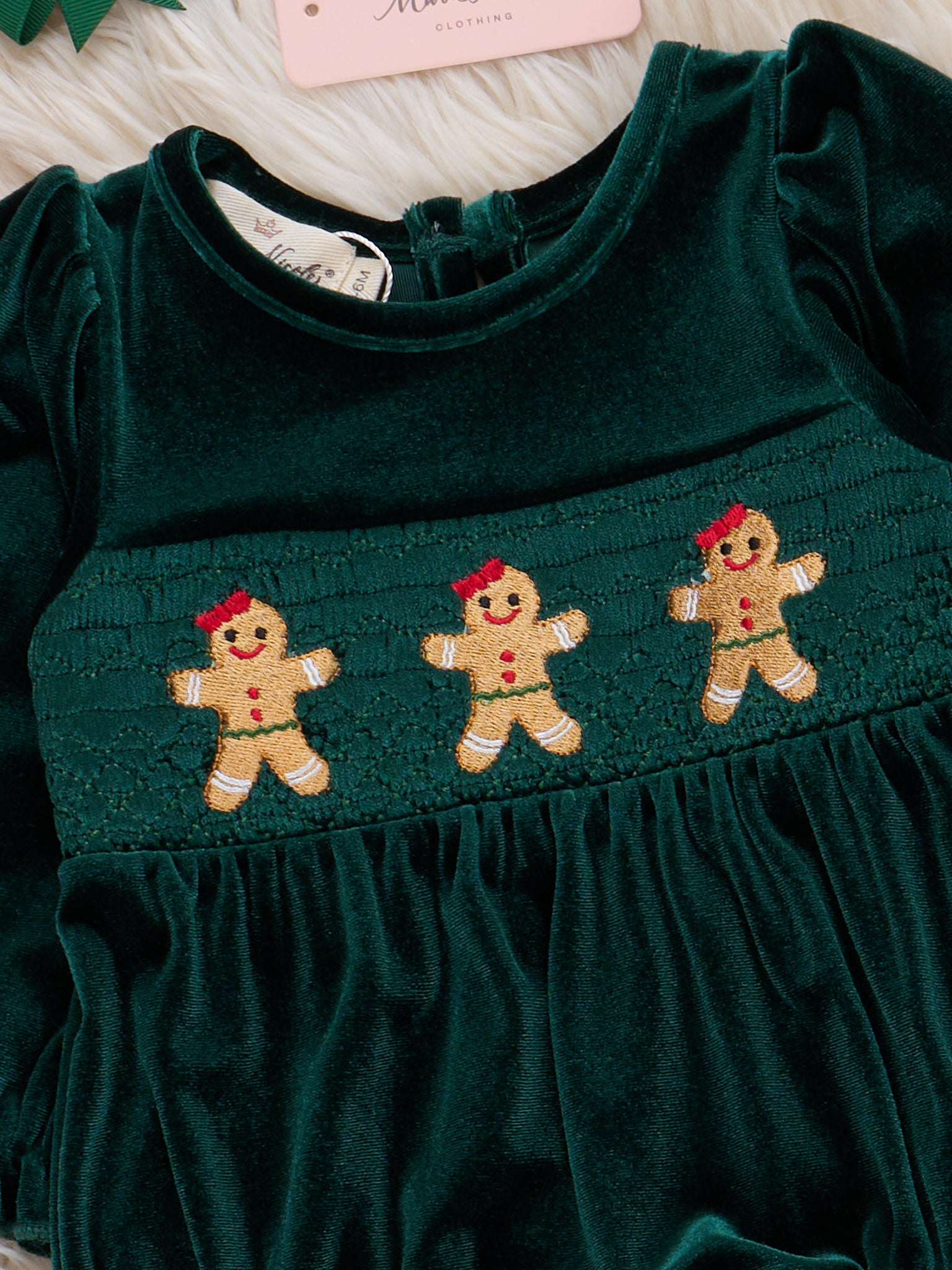 Deep Emerald Smocked Gingerbread Velvet Romper - Marie Nicole Clothing