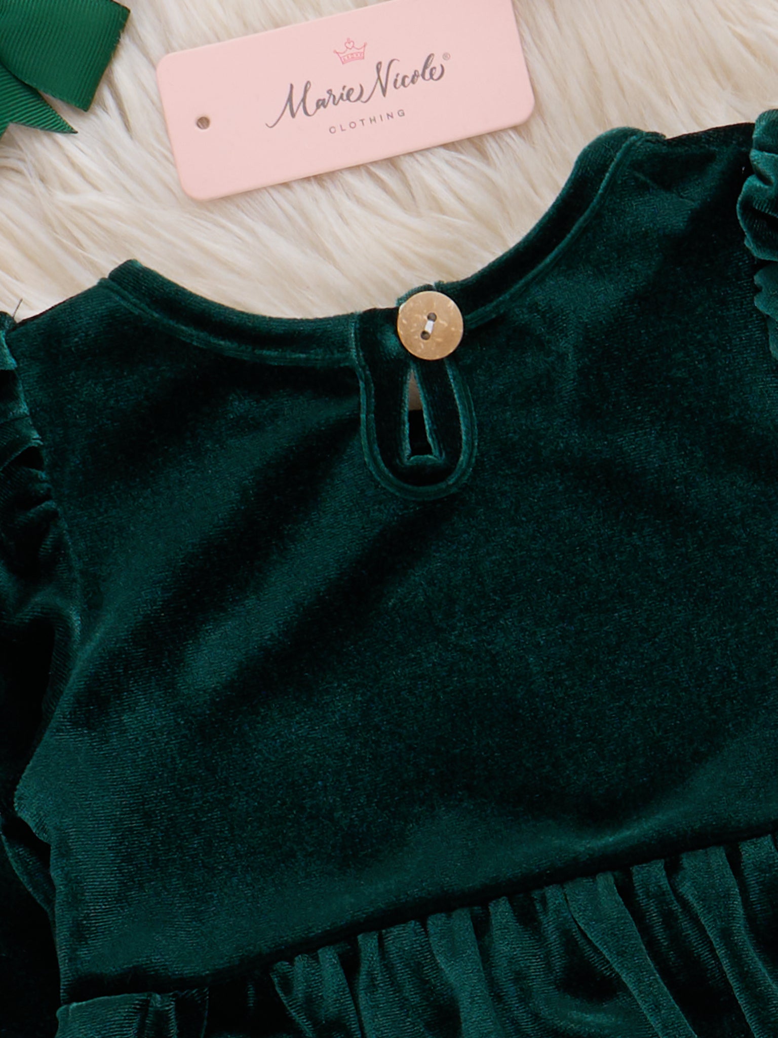 Deep Emerald Smocked Gingerbread Velvet Romper - Marie Nicole Clothing