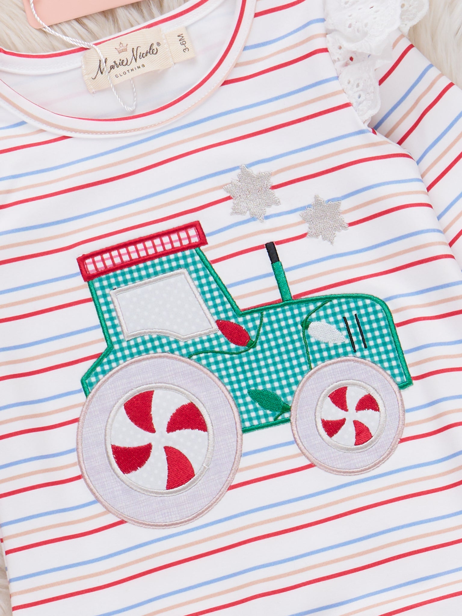 Peppermint Wheels Embroidered Striped Ruffle Romper - Marie Nicole Clothing