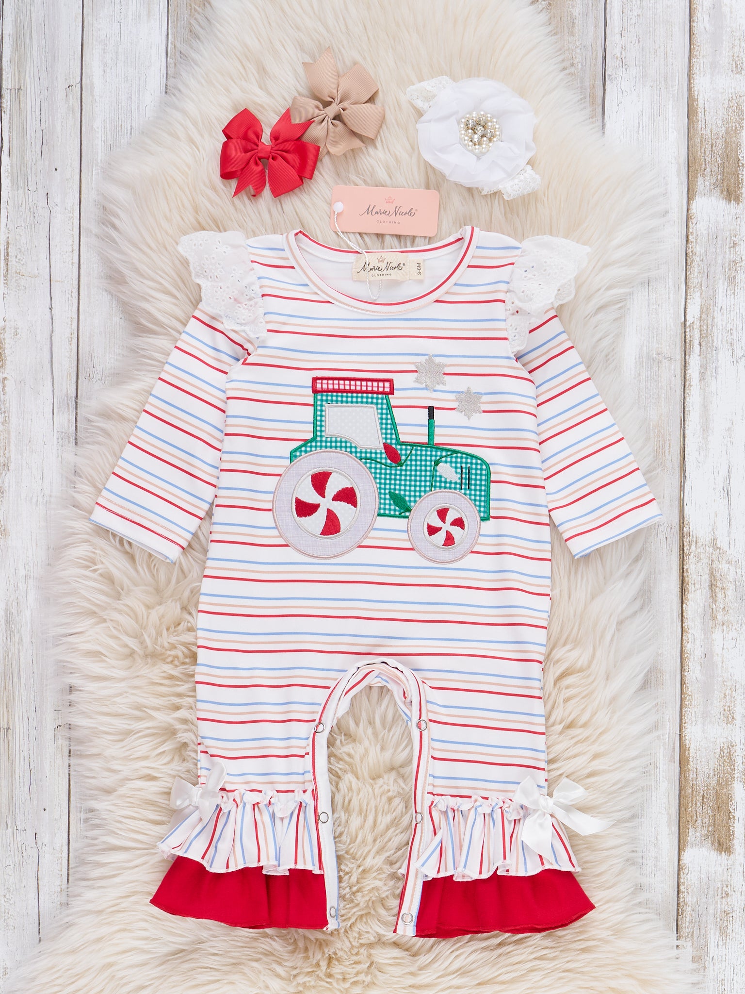 Peppermint Wheels Embroidered Striped Ruffle Romper - Marie Nicole Clothing