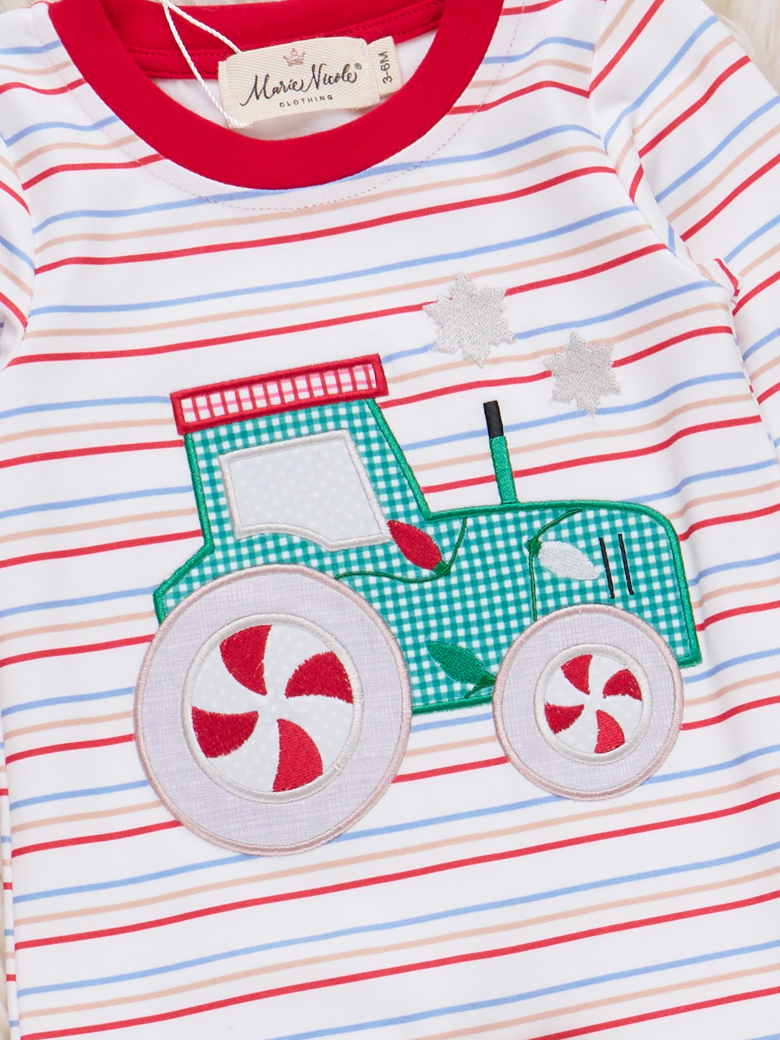 Peppermint Wheels Embroidered Striped Romper - Marie Nicole Clothing