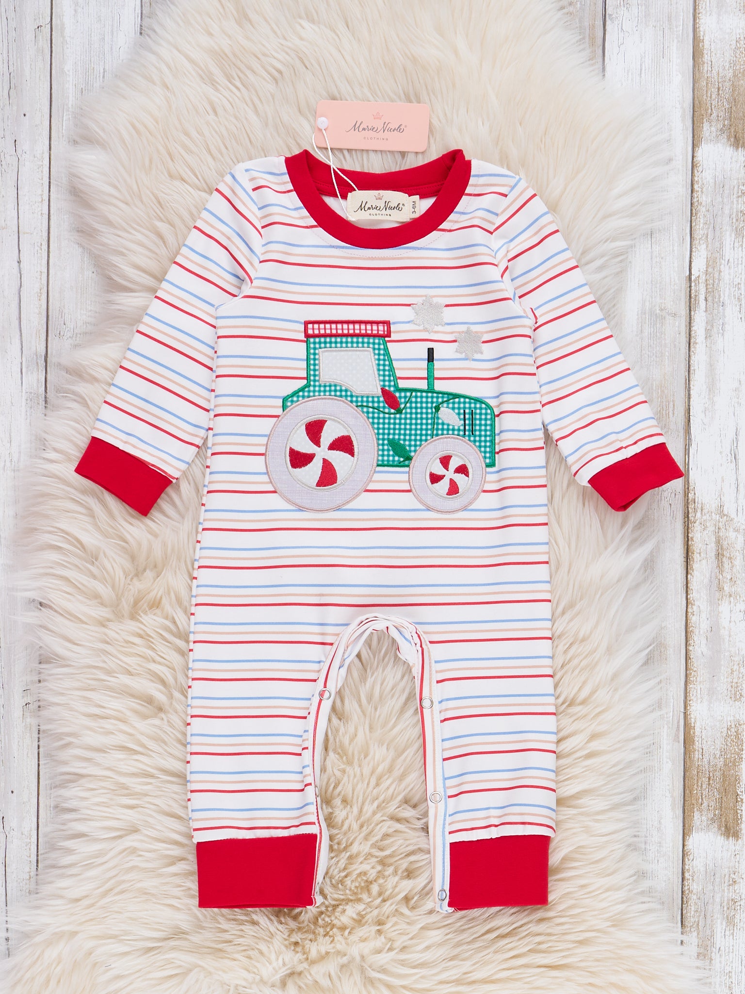 Peppermint Wheels Embroidered Striped Romper - Marie Nicole Clothing