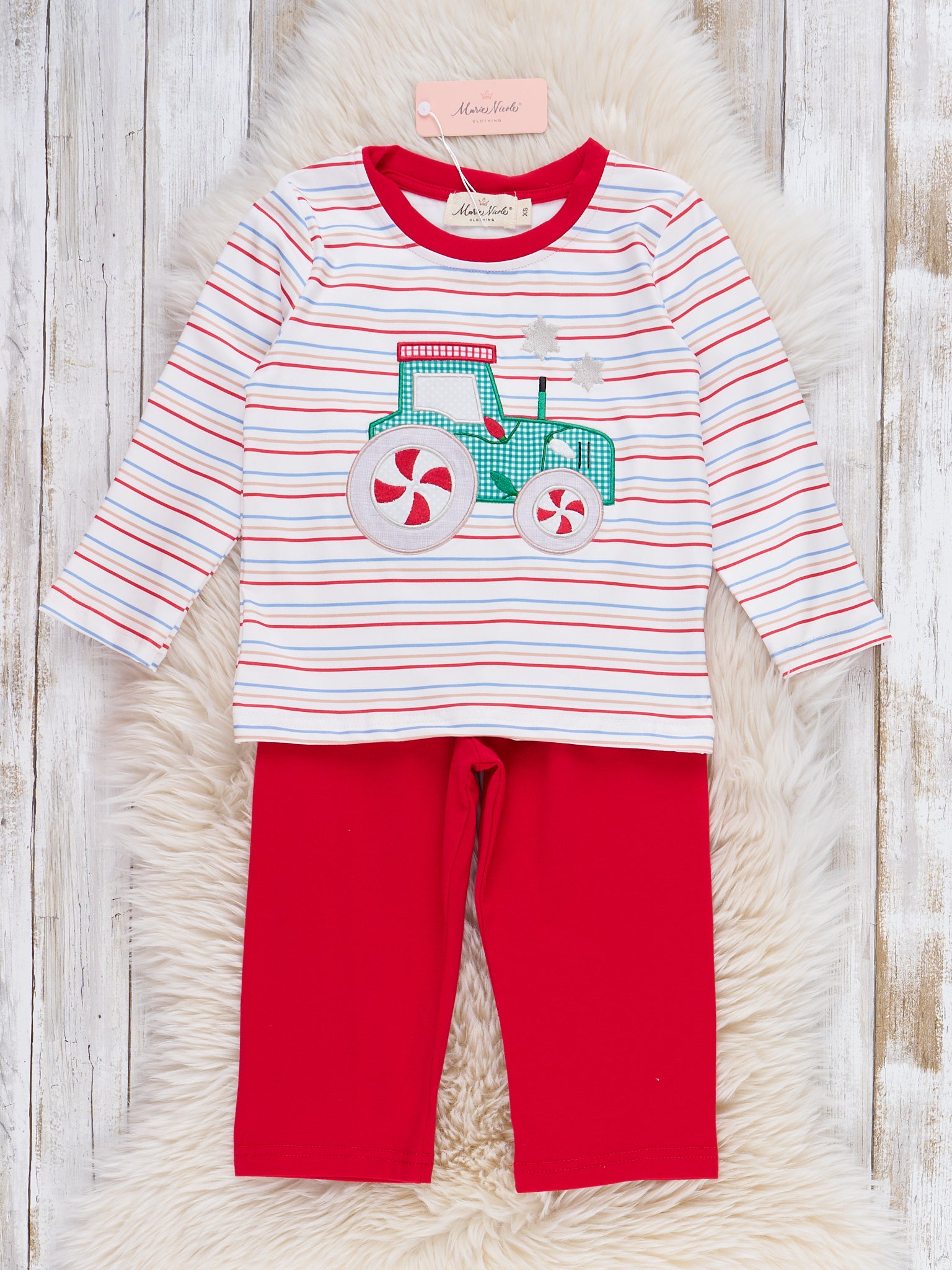 Peppermint Wheels Embroidered Striped Outfit - Marie Nicole Clothing