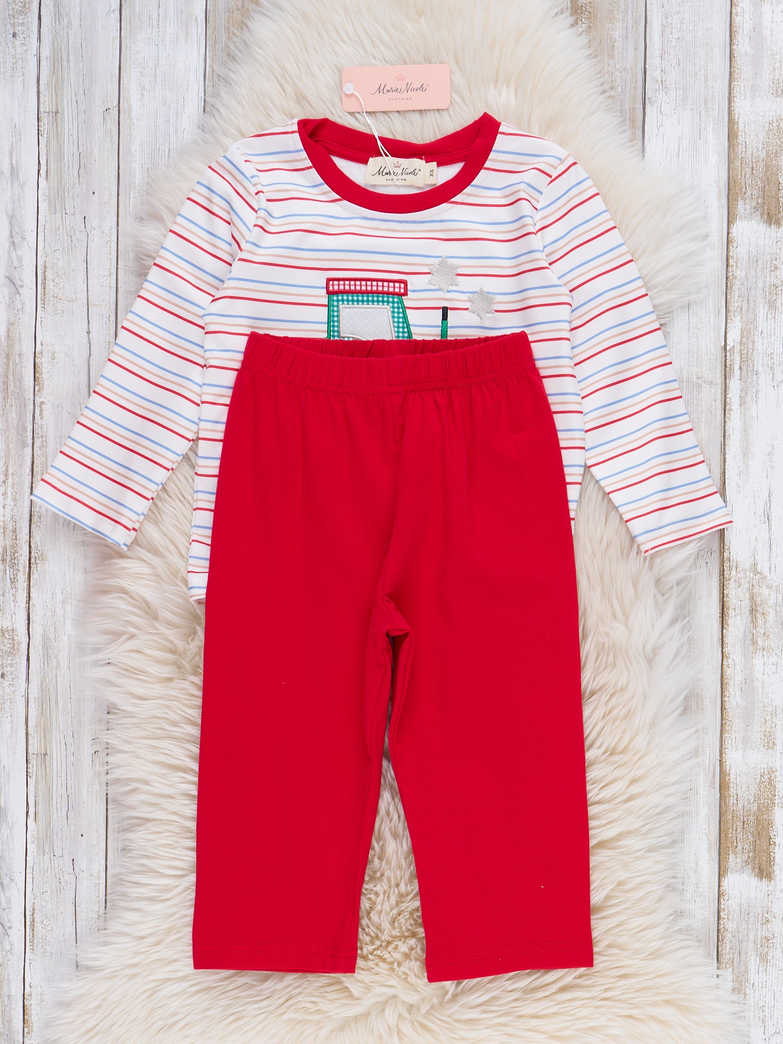 Peppermint Wheels Embroidered Striped Outfit - Marie Nicole Clothing