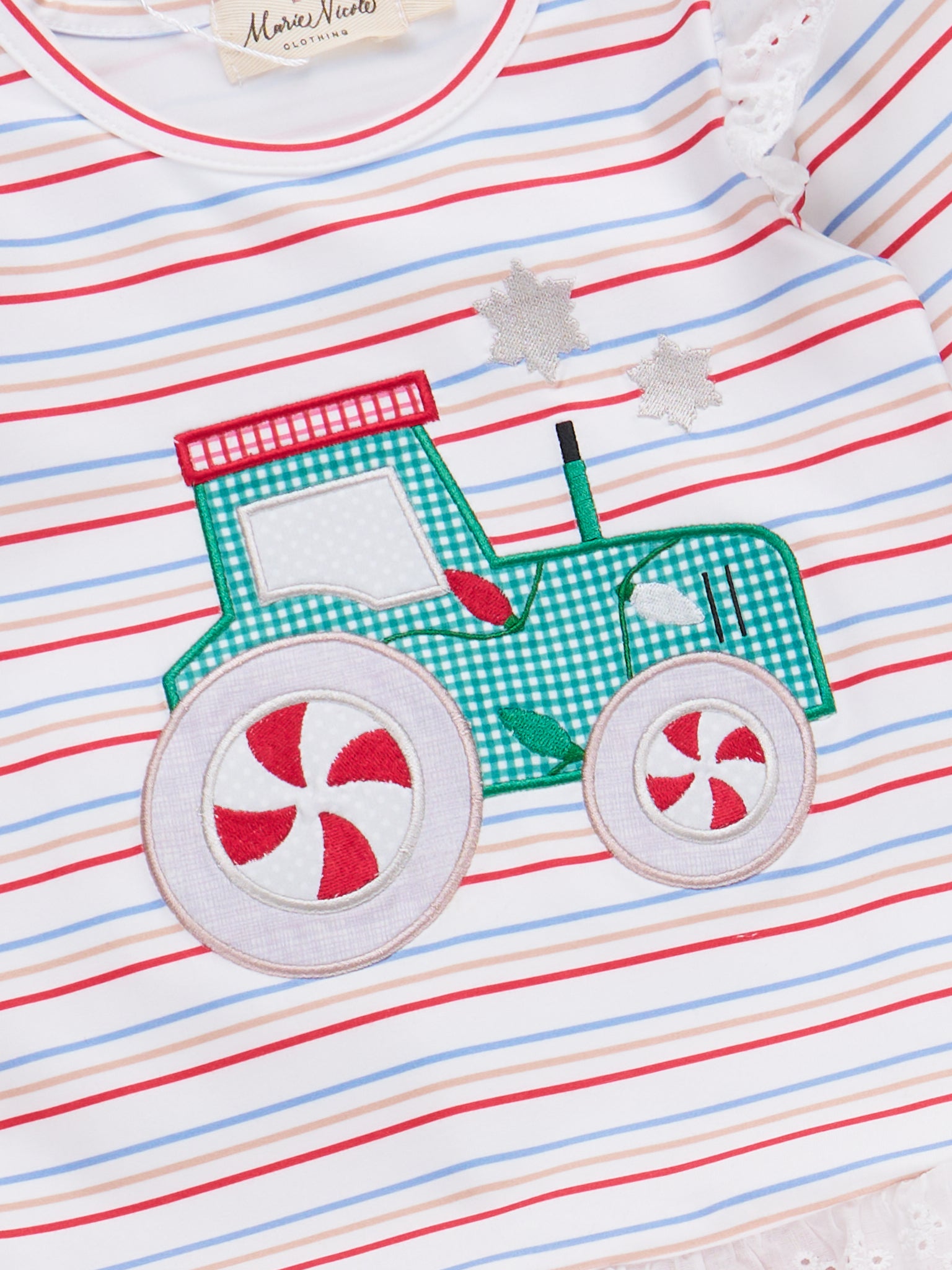 Peppermint Wheels Embroidered Striped Ruffle Outfit - Marie Nicole Clothing