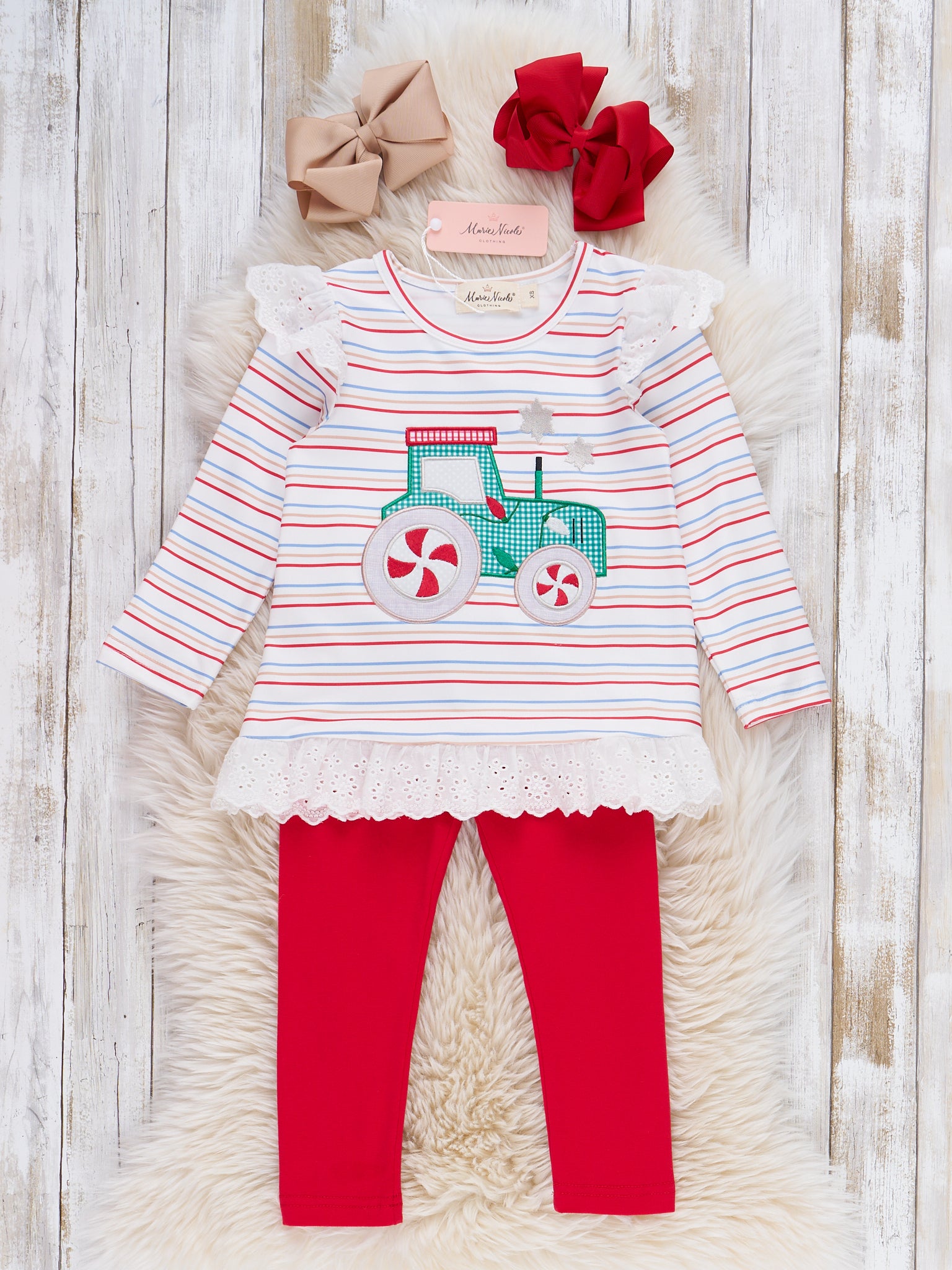 Peppermint Wheels Embroidered Striped Ruffle Outfit - Marie Nicole Clothing