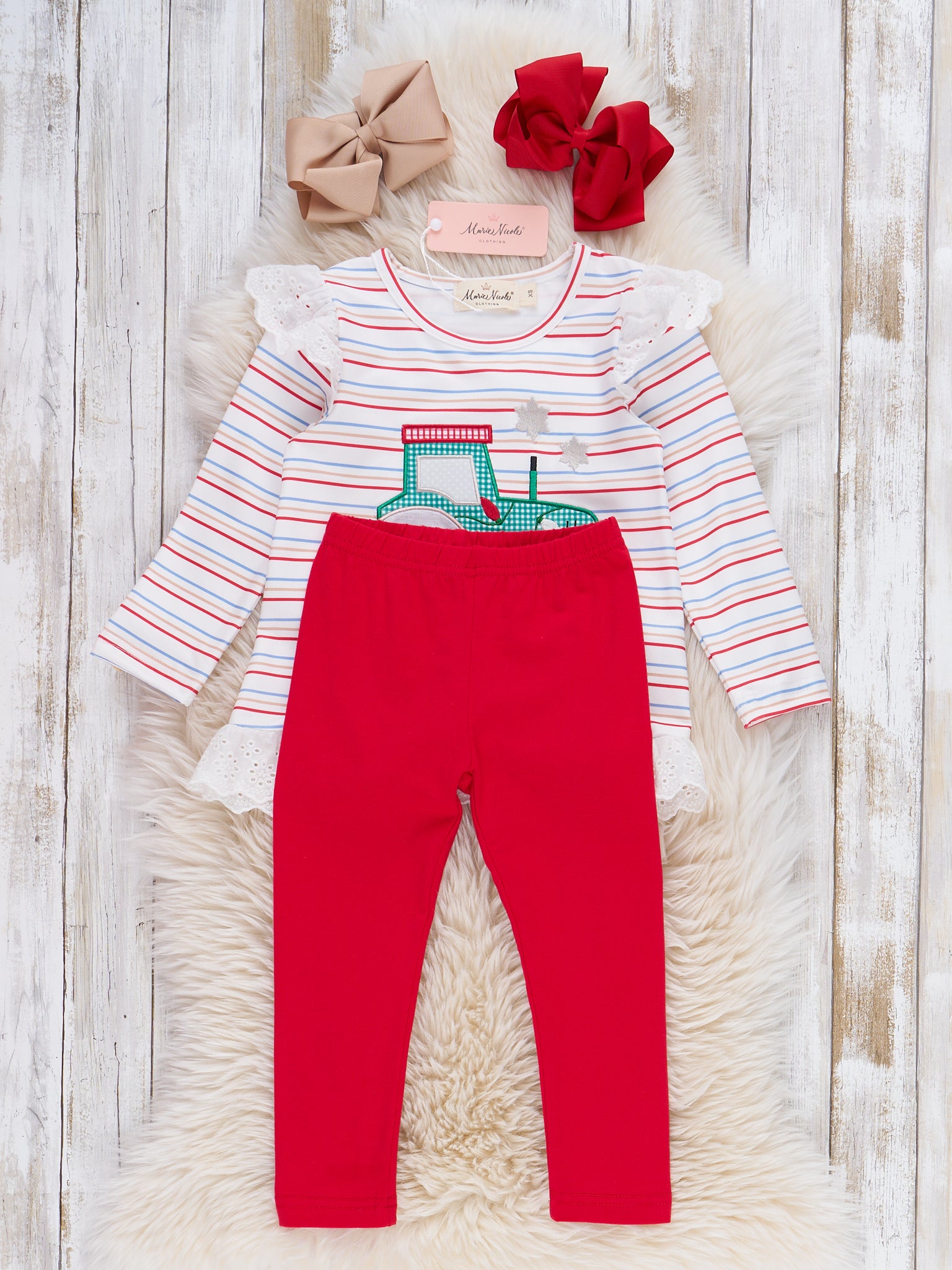 Peppermint Wheels Embroidered Striped Ruffle Outfit - Marie Nicole Clothing