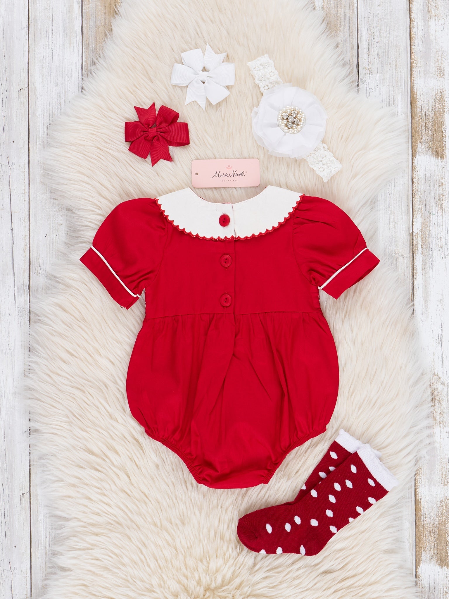 Candy Cane Ribbon Smocked Bubble Romper - Marie Nicole Clothing