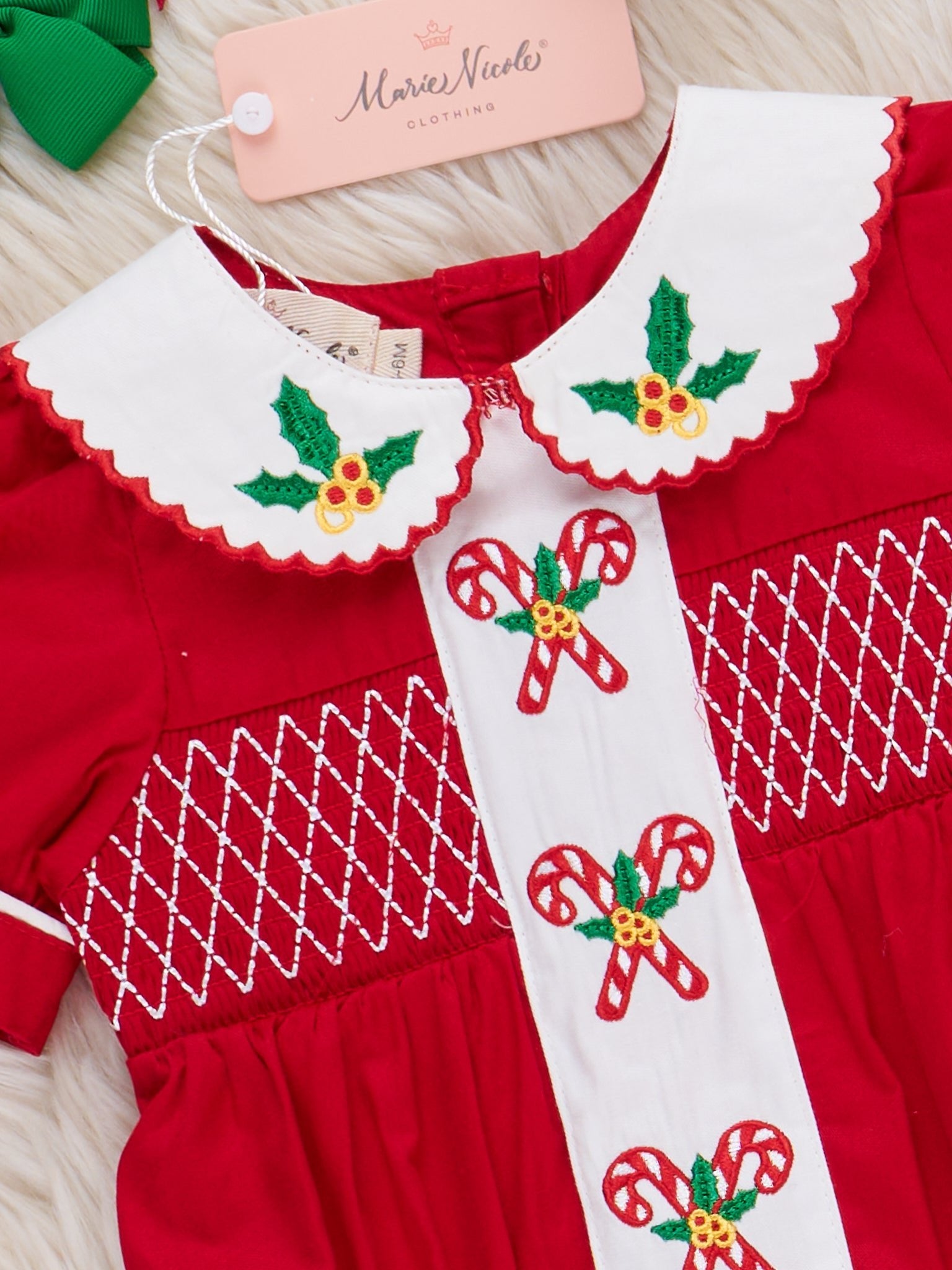 Candy Cane Ribbon Smocked Bubble Romper - Marie Nicole Clothing