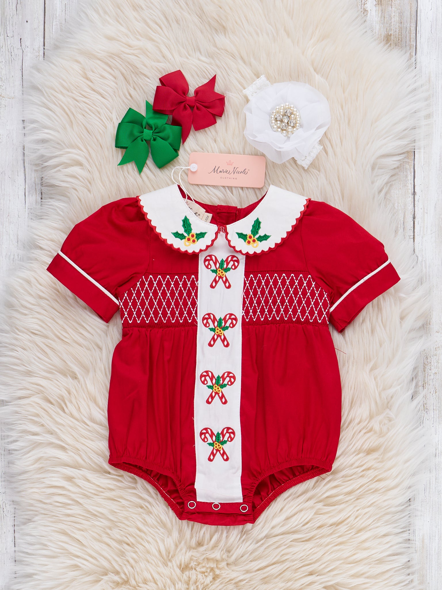 Candy Cane Ribbon Smocked Bubble Romper - Marie Nicole Clothing
