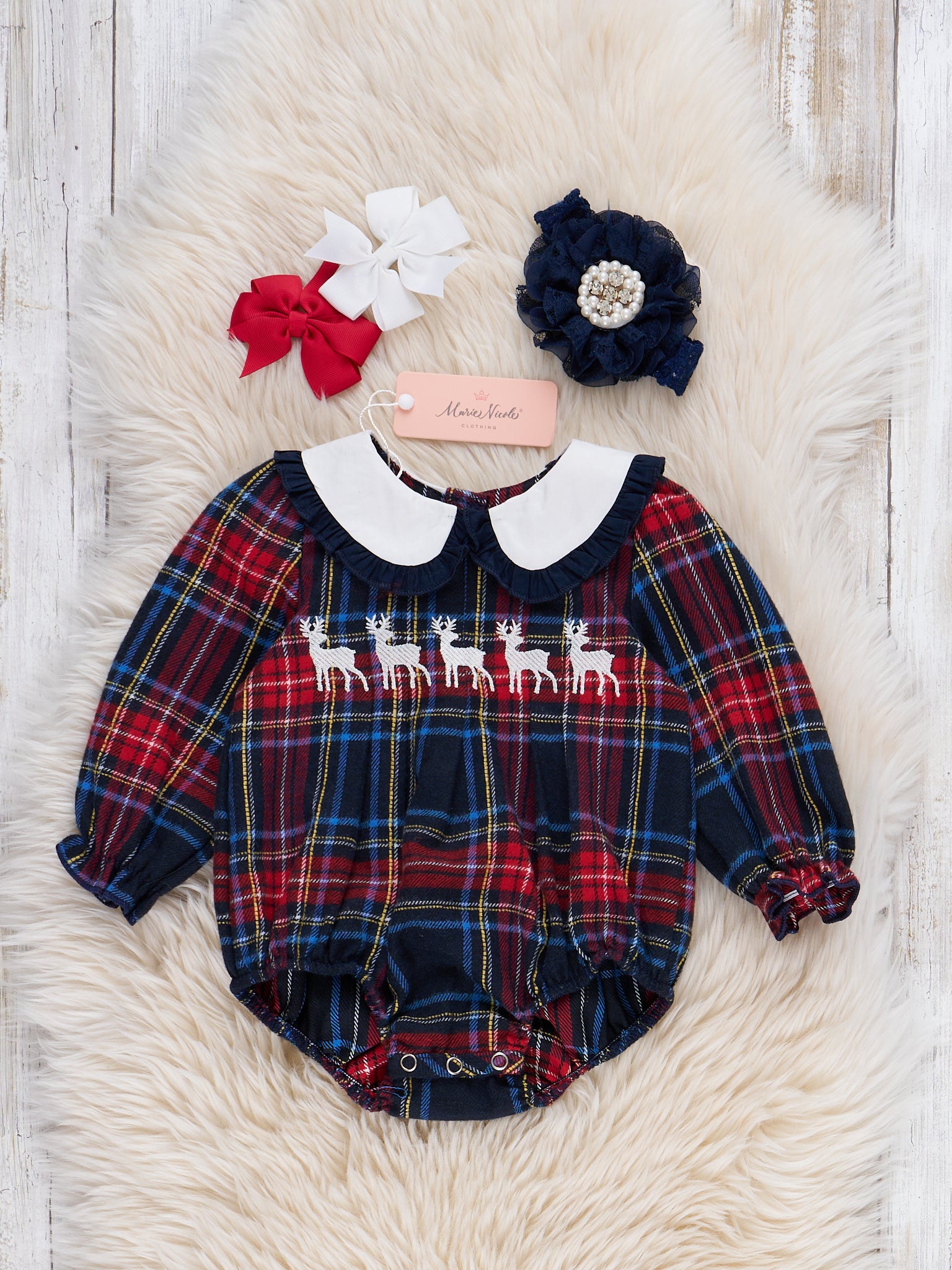 Embroidered Reindeer Plaid Bubble Romper - Marie Nicole Clothing