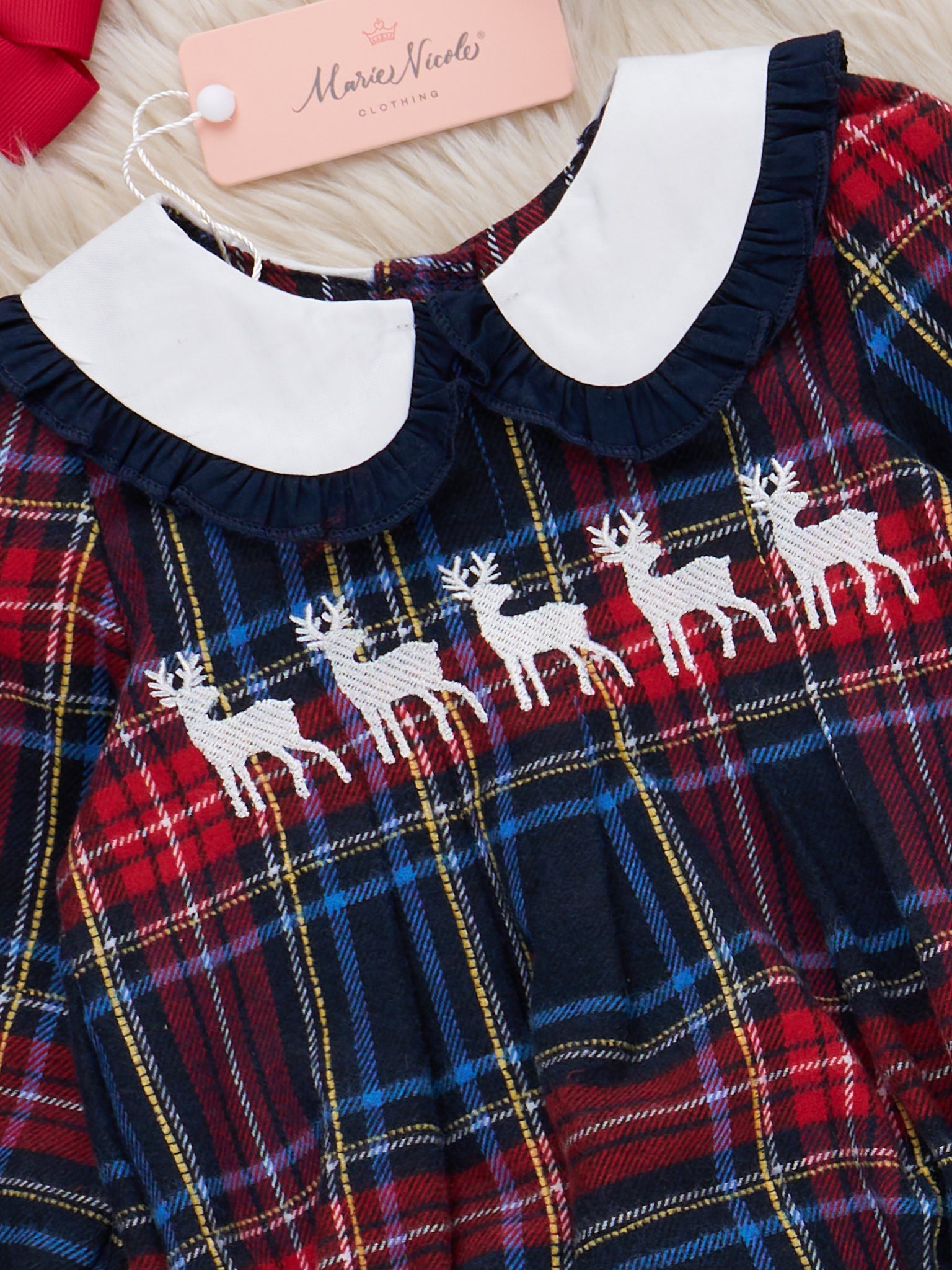 Embroidered Reindeer Plaid Bubble Romper - Marie Nicole Clothing