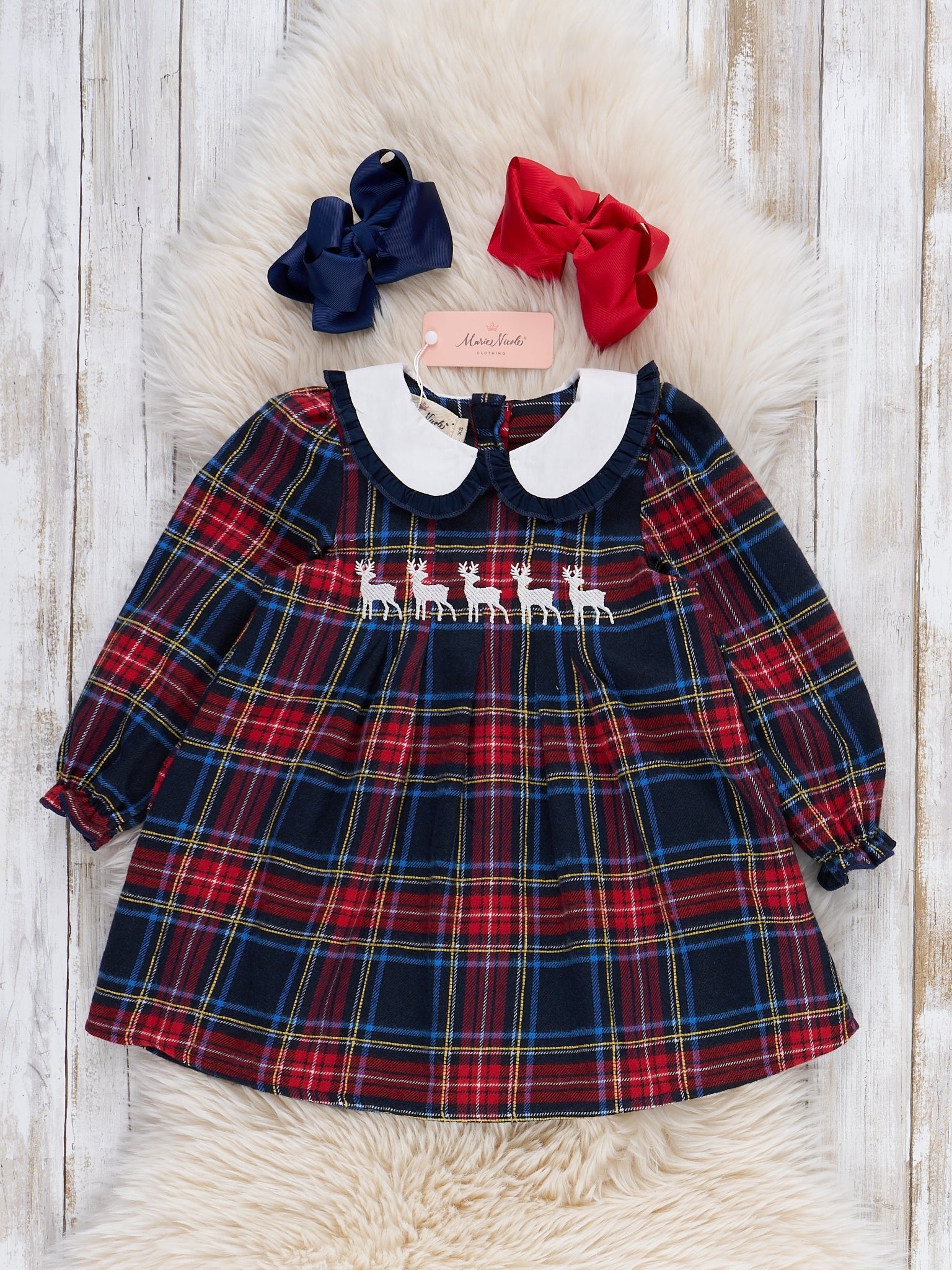 Embroidered Reindeer Plaid Dress - Marie Nicole Clothing