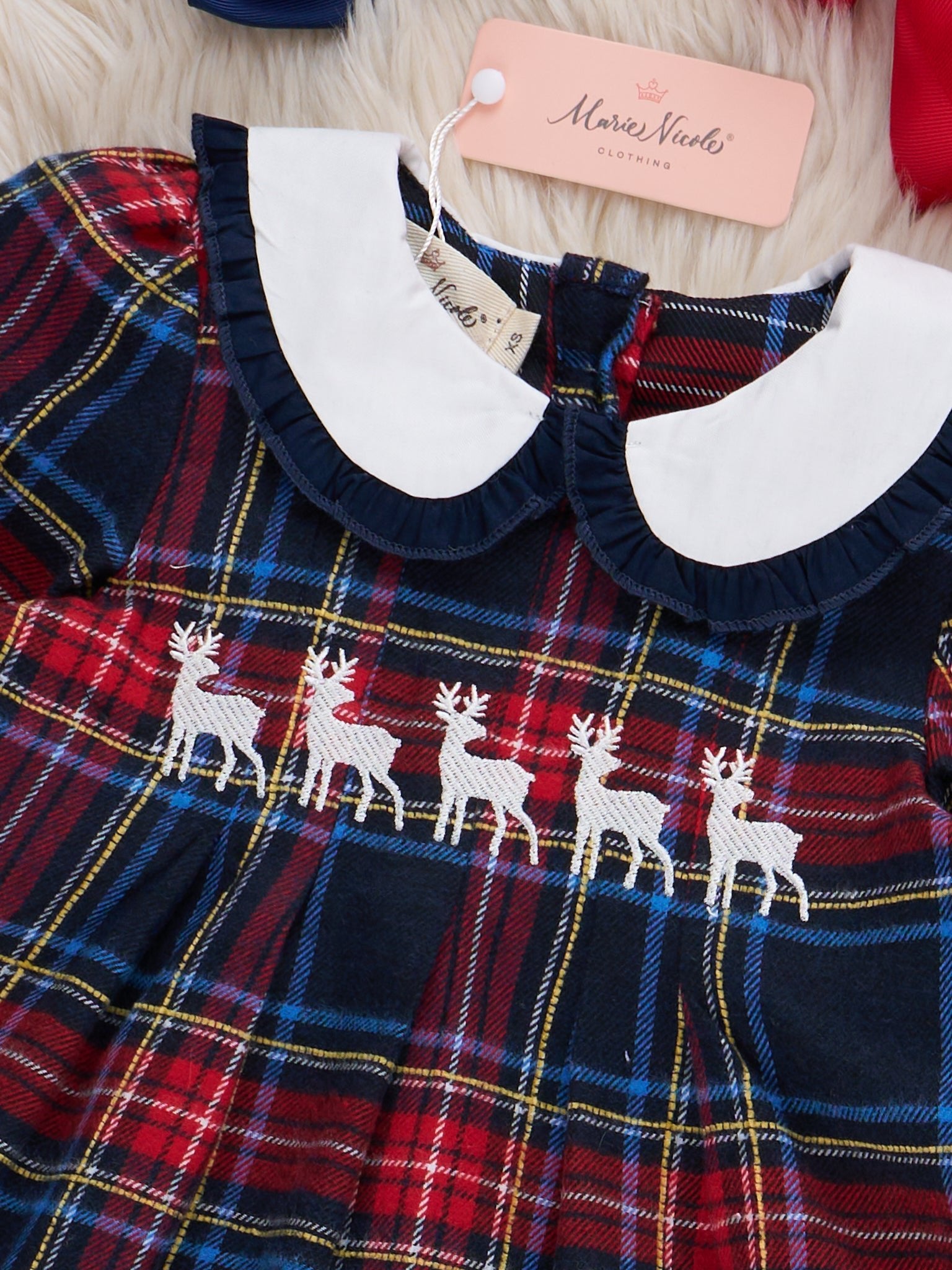 Embroidered Reindeer Plaid Dress - Marie Nicole Clothing