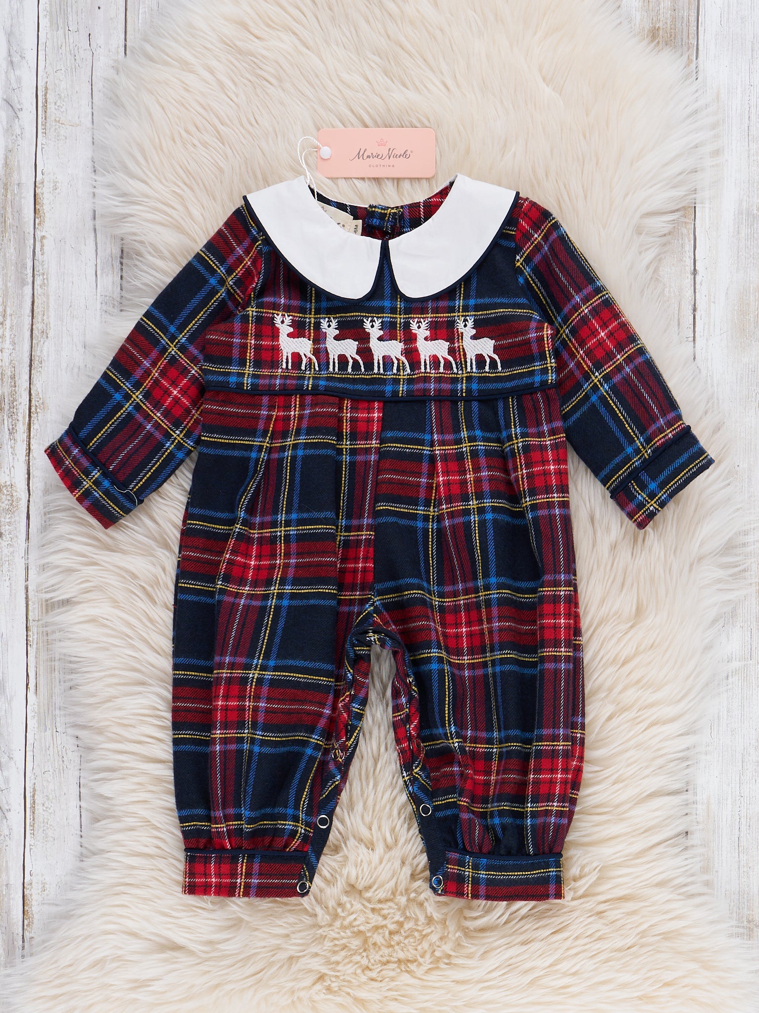 Embroidered Reindeer Plaid Romper - Marie Nicole Clothing