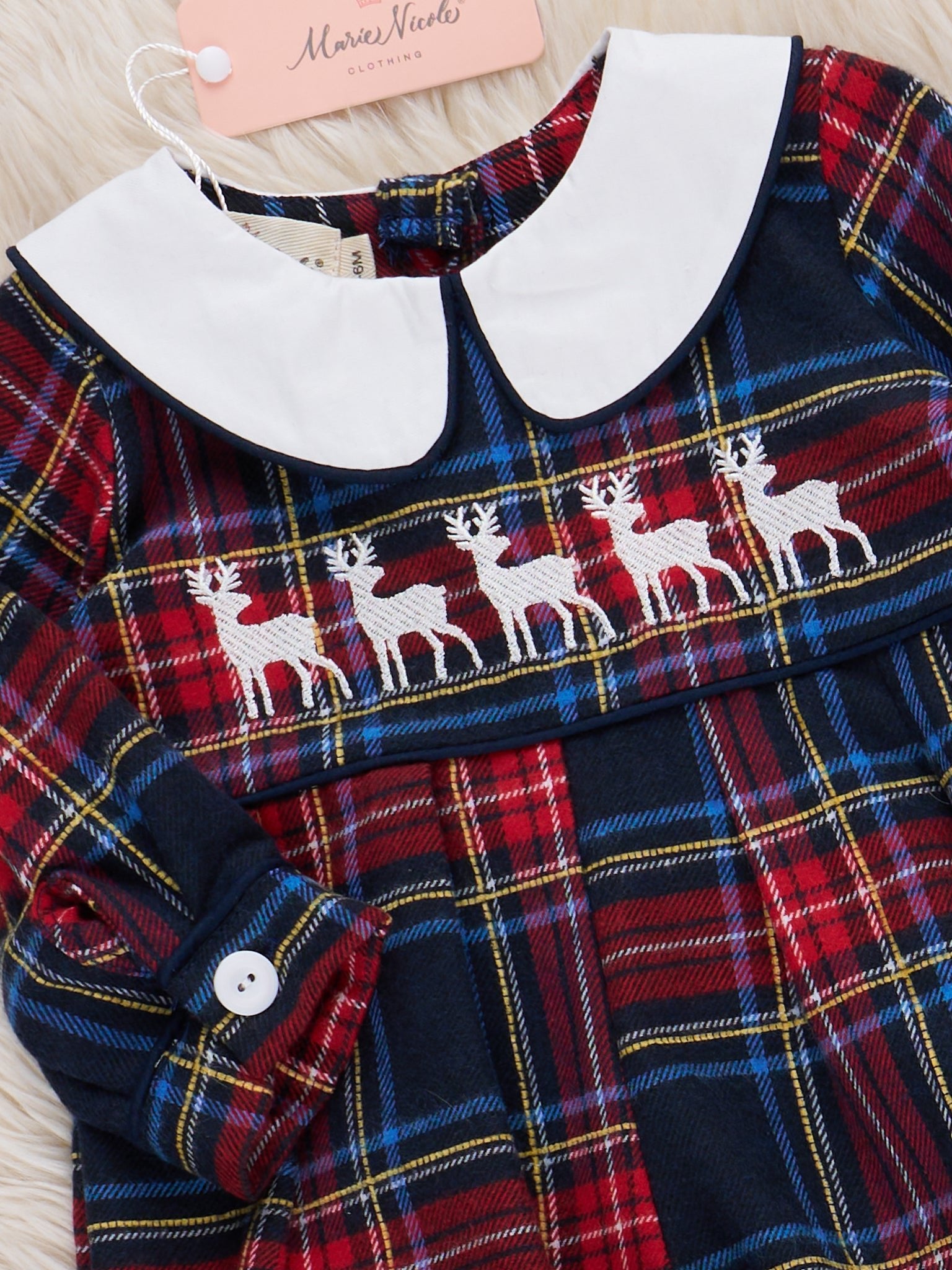 Embroidered Reindeer Plaid Romper - Marie Nicole Clothing