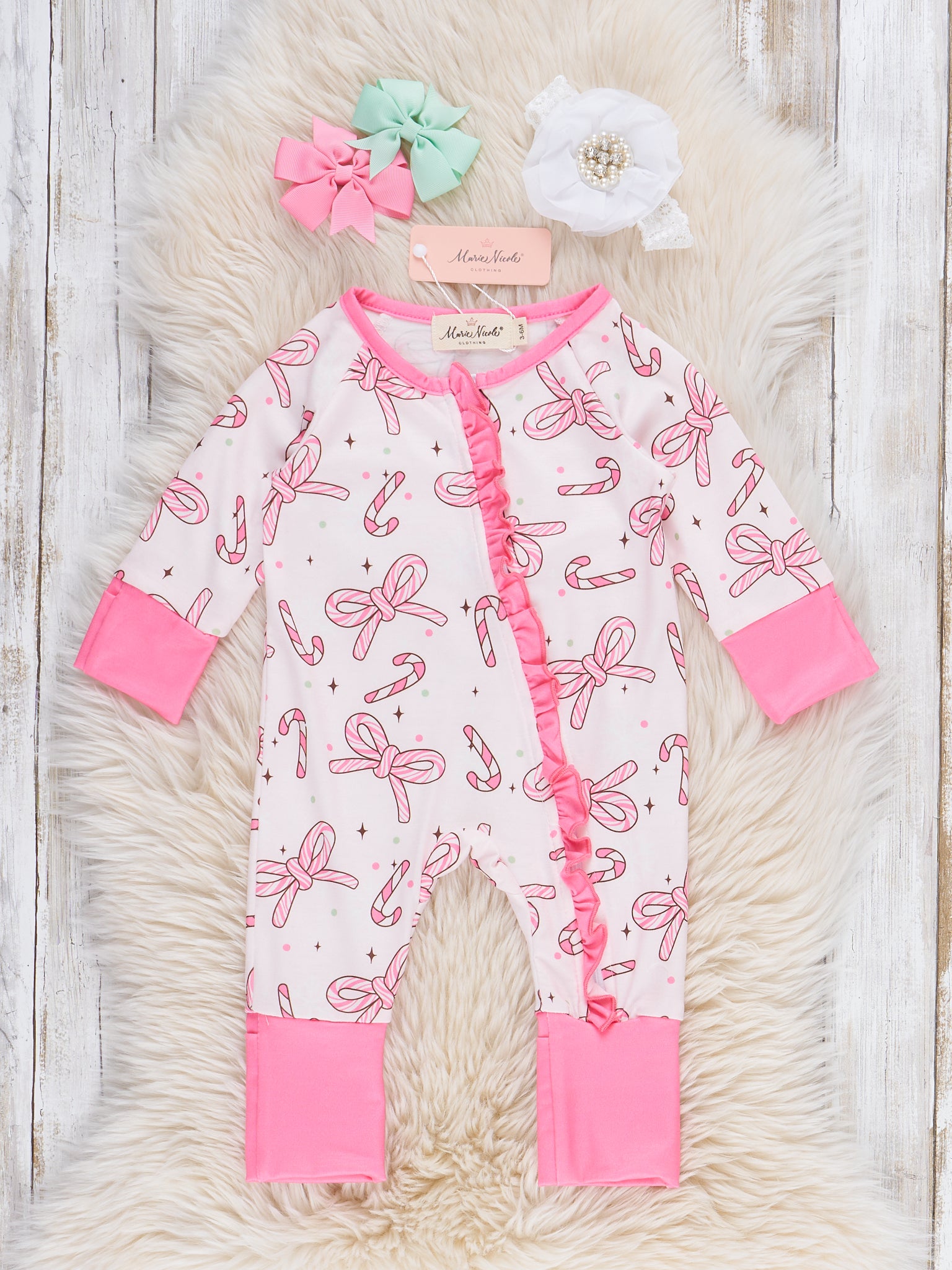 Candy Cane Lane Ruffle Sleeper Pajamas - Marie Nicole Clothing