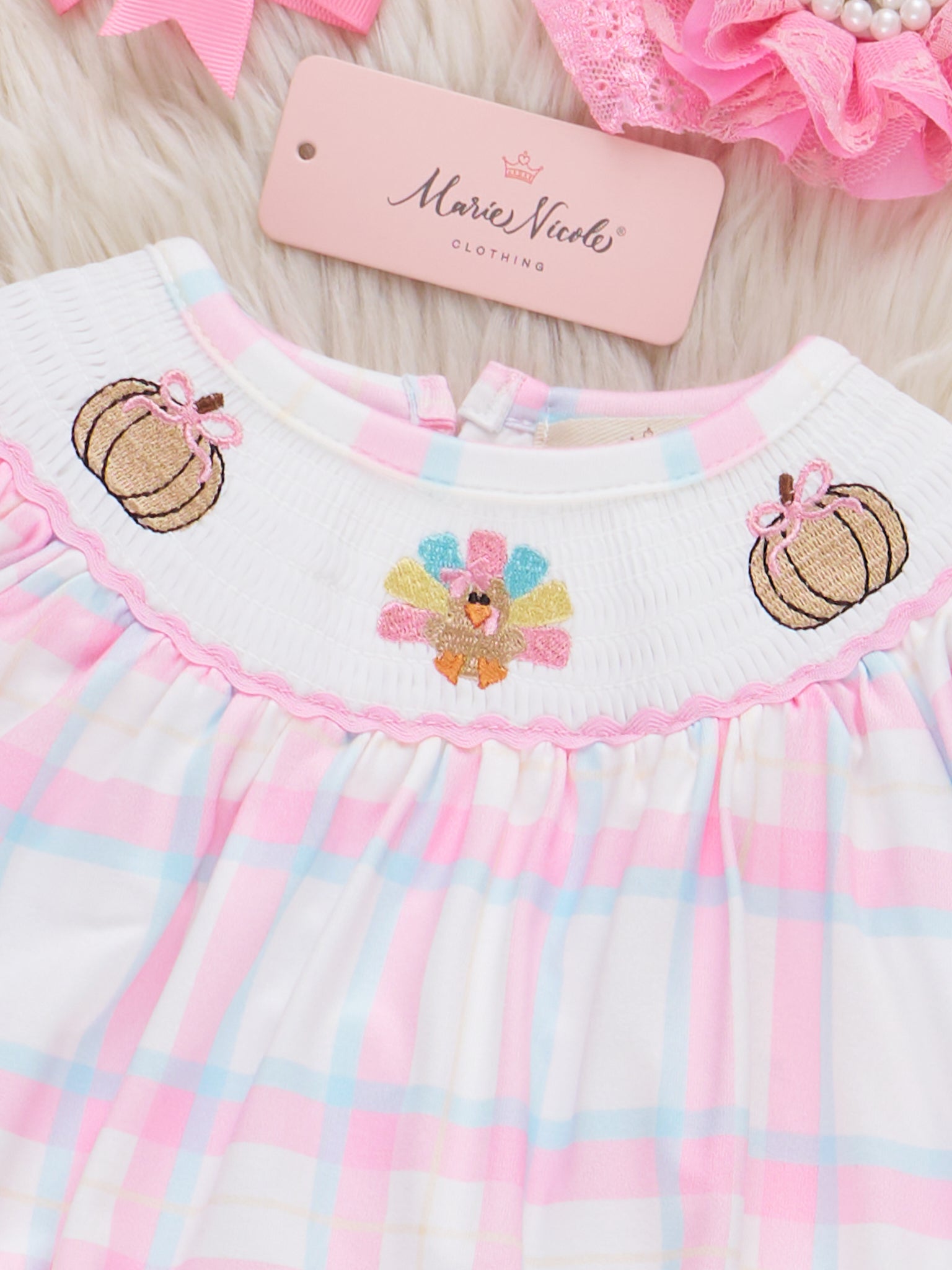 Plaid Smocked Embroidered Pumpkins & Turkey Bubble Romper - Marie Nicole Clothing