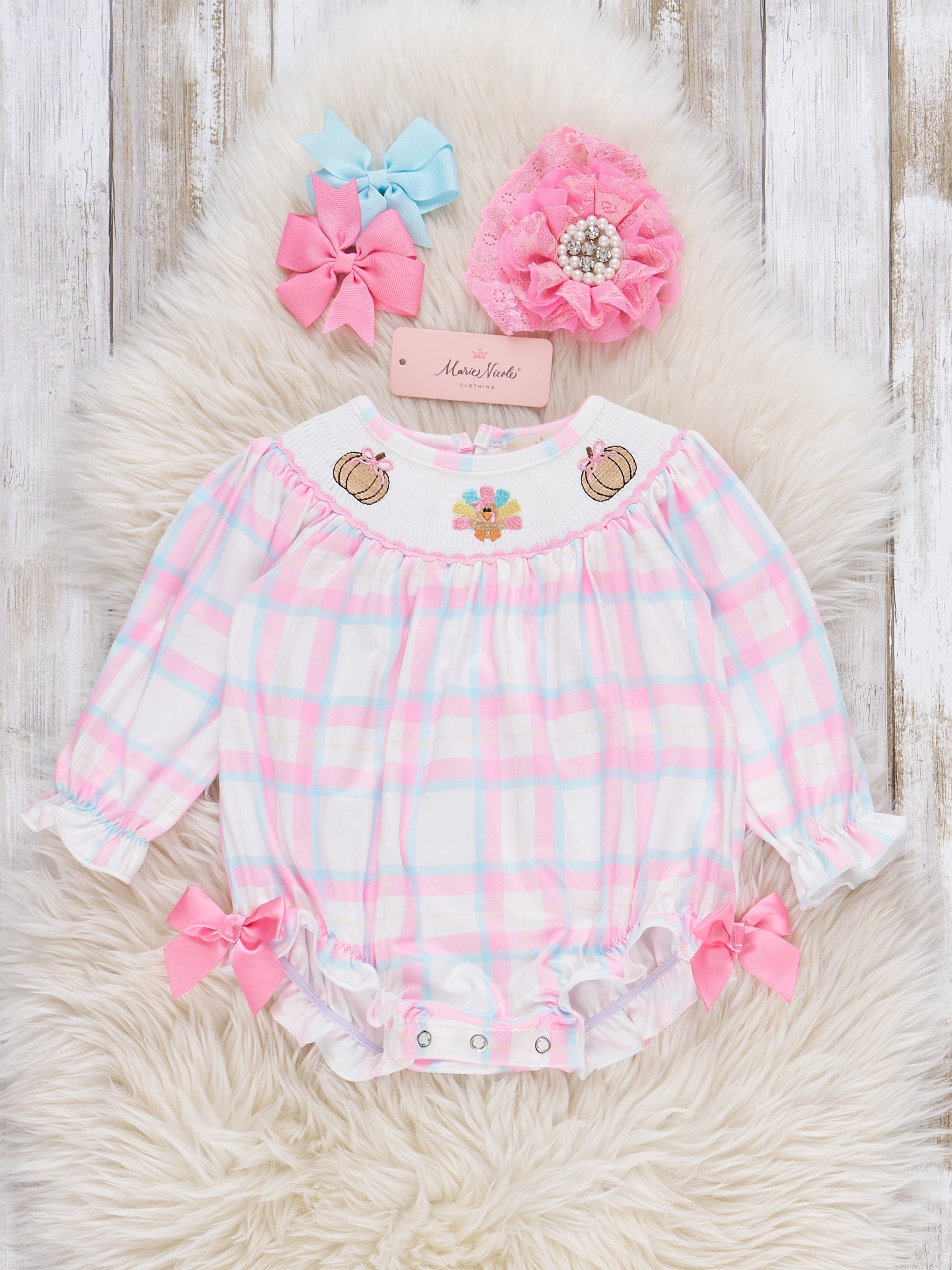 Plaid Smocked Embroidered Pumpkins & Turkey Bubble Romper - Marie Nicole Clothing