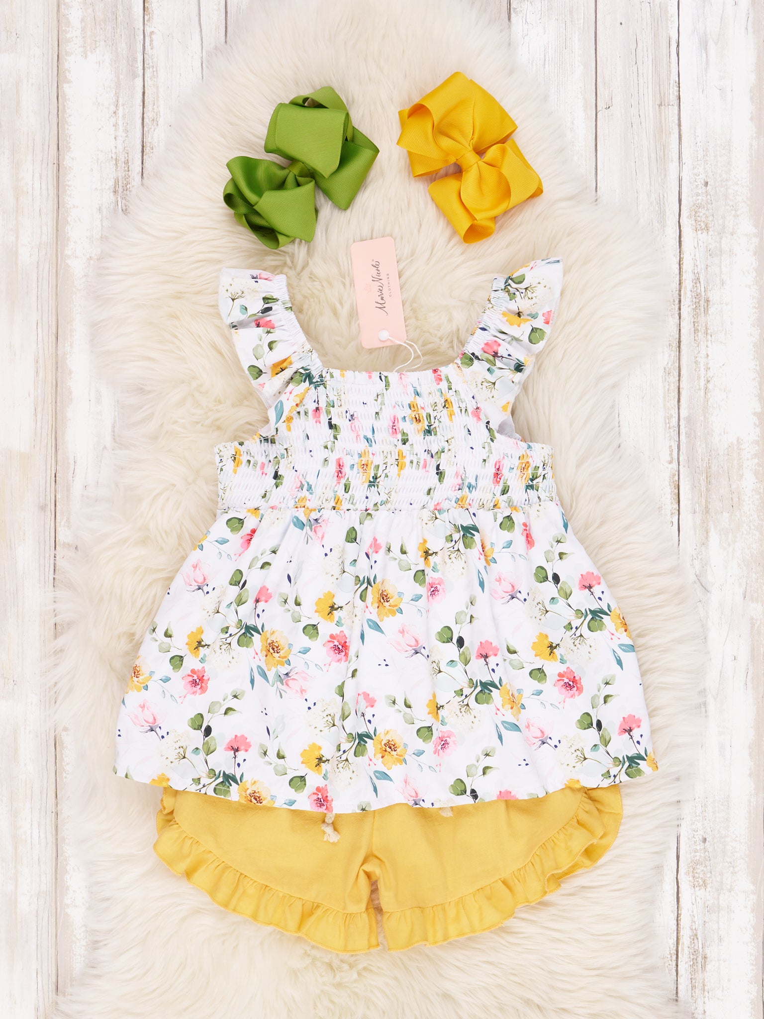 Smocked Yellow Floral Ruffle Outfit - Marie Nicole Clothing