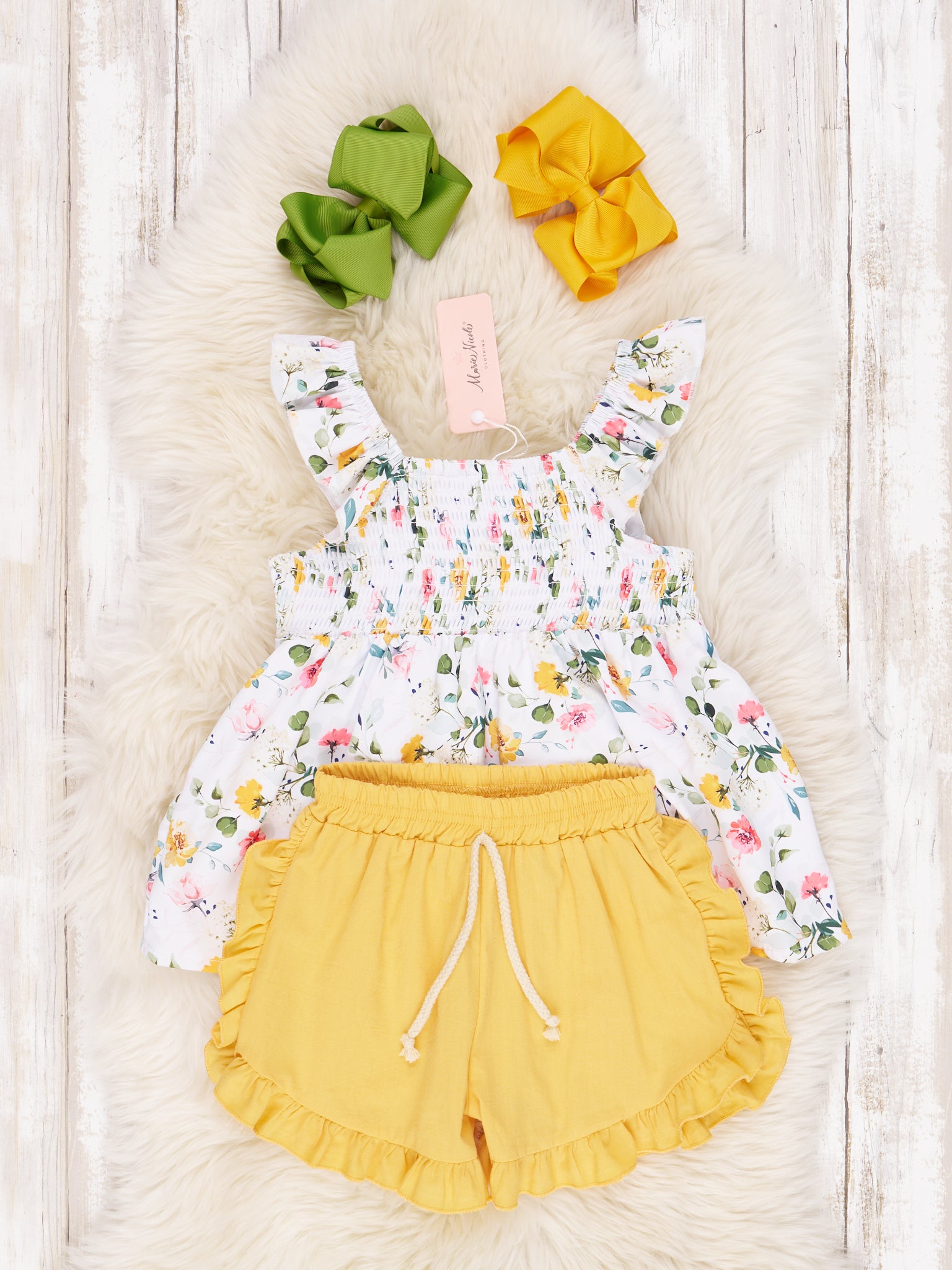 Smocked Yellow Floral Ruffle Outfit - Marie Nicole Clothing