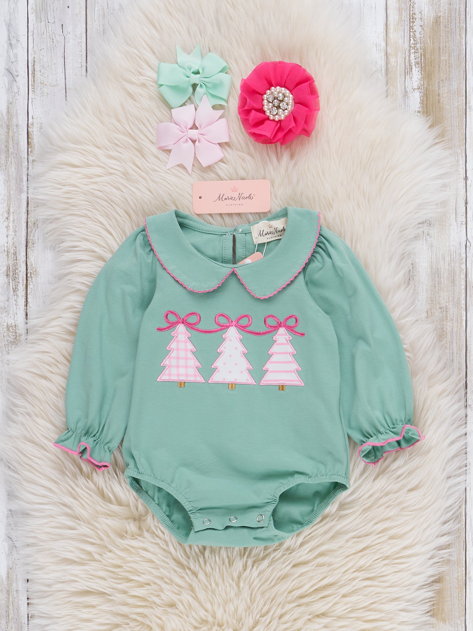 Pastel Evergreen Embroidered Bubble Romper - Marie Nicole Clothing