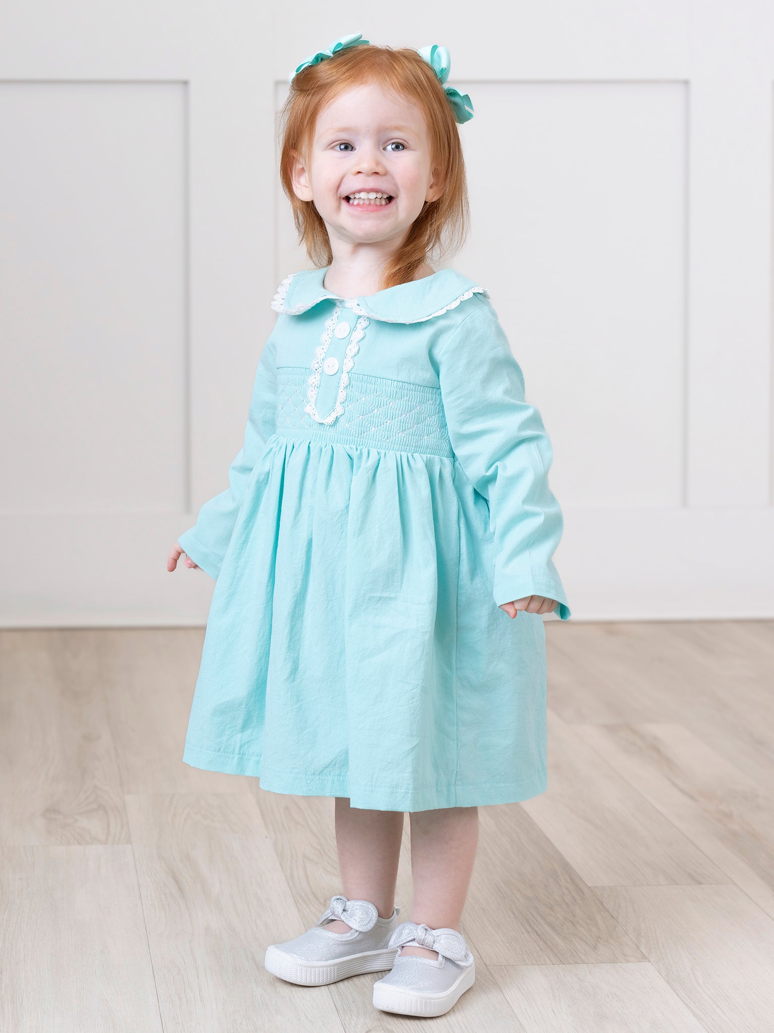 Teal Smocked Pom Pom Dress - Marie Nicole Clothing